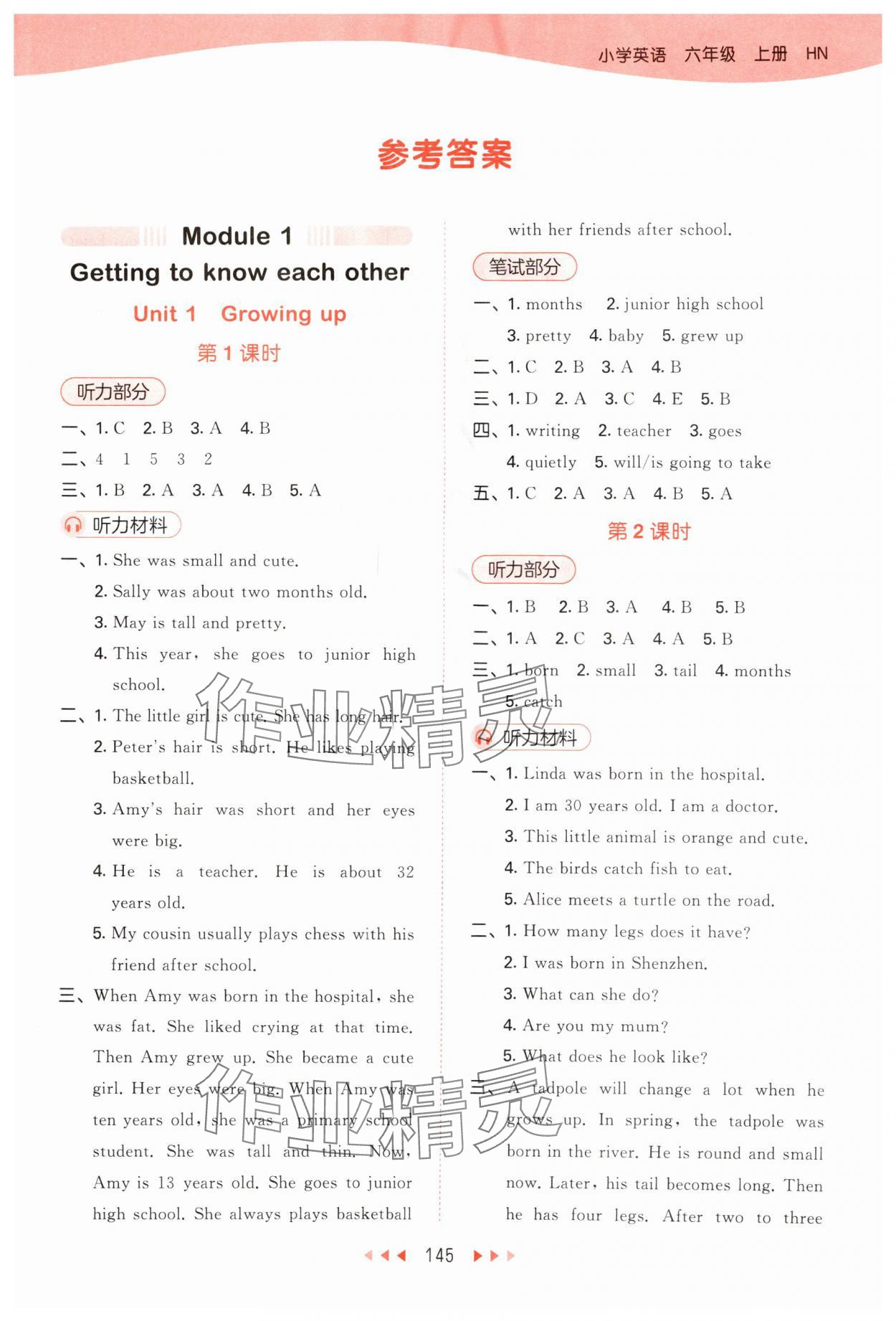 2025年53天天練六年級英語上冊滬教版 參考答案第1頁