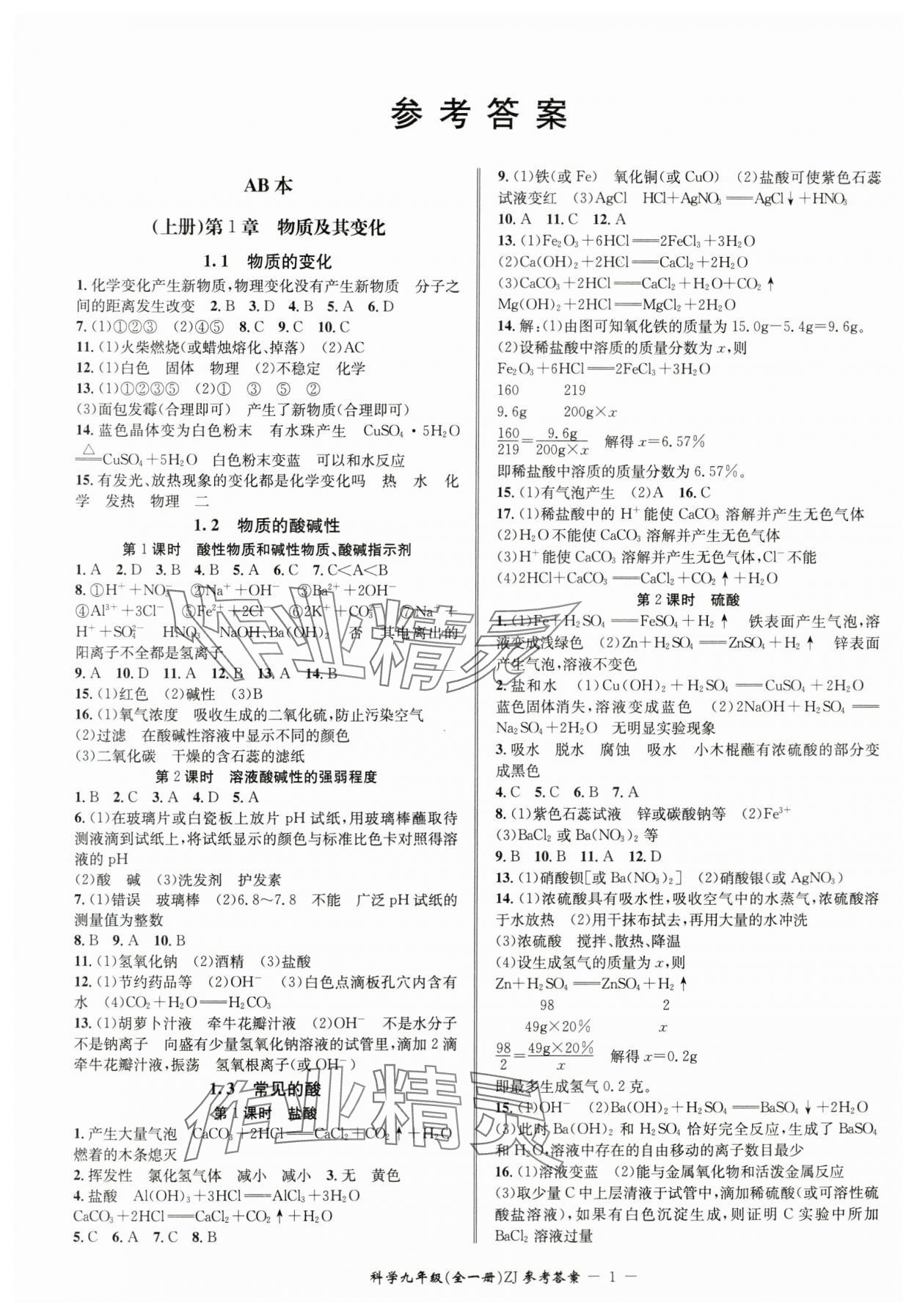 2024年名師金典BFB初中課時優(yōu)化九年級科學(xué)全一冊浙教版 參考答案第1頁