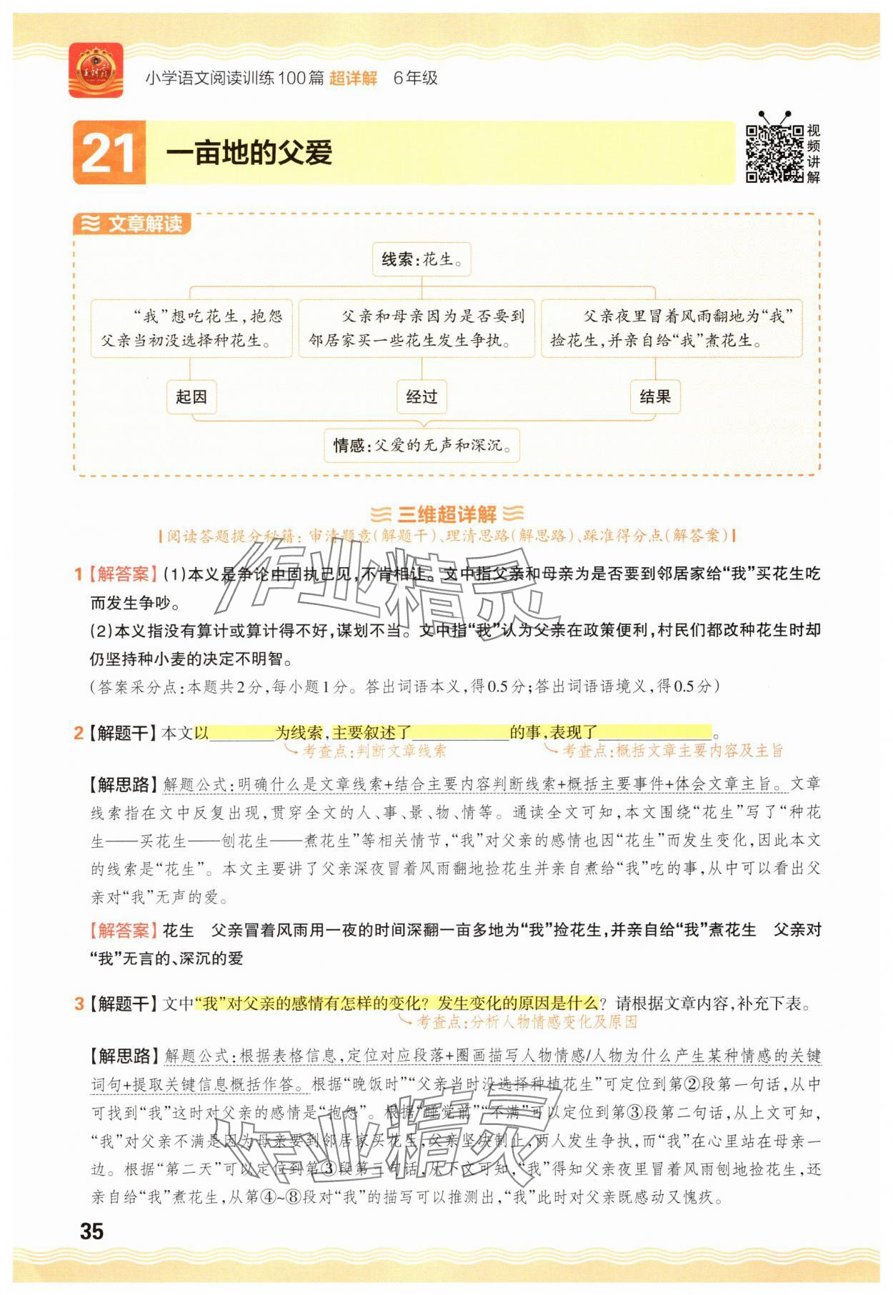 2025年王朝霞小学语文阅读训练100篇六年级 参考答案第35页