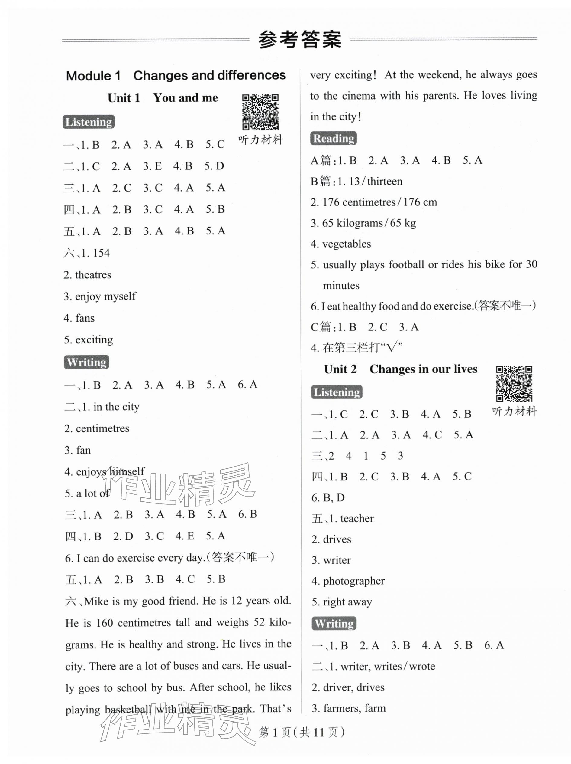 2026年小学学霸作业本六年级英语下册沪教版深圳专版&nbsp;参考答案第1页