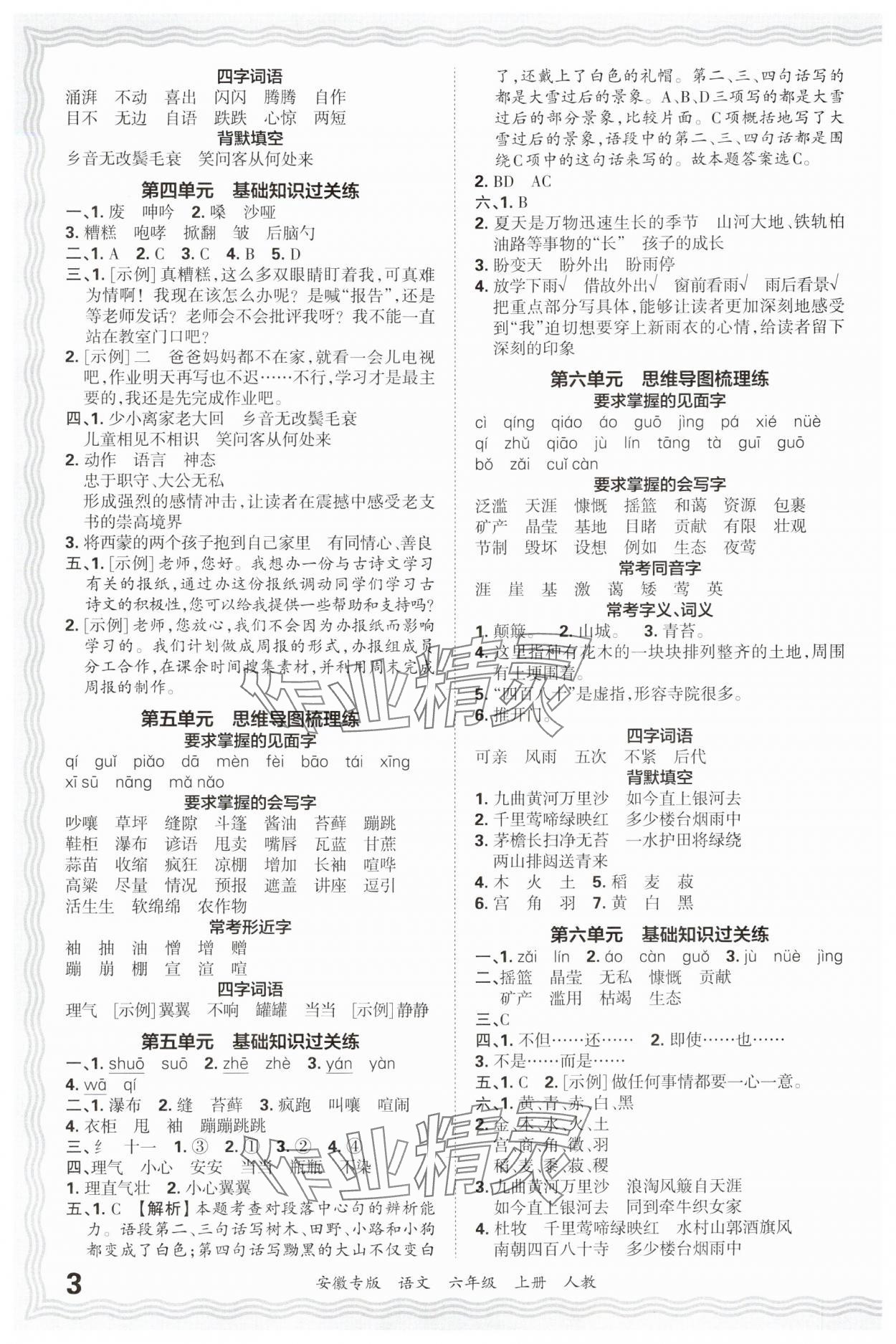 2024年王朝霞期末試卷研究六年級語文上冊人教版安徽專版 參考答案第3頁