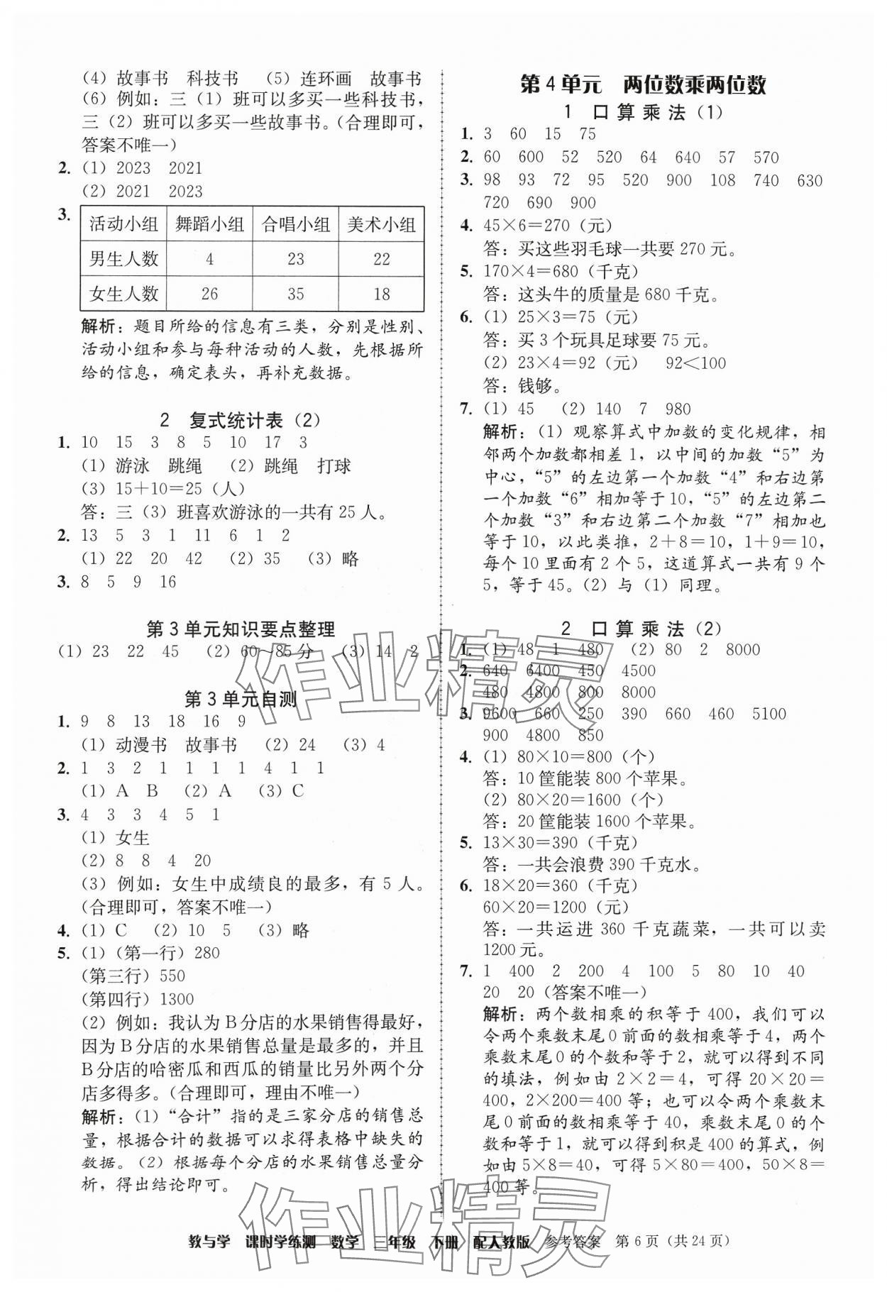 2024年教與學(xué)課時(shí)學(xué)練測(cè)三年級(jí)數(shù)學(xué)下冊(cè)人教版 參考答案第6頁(yè)