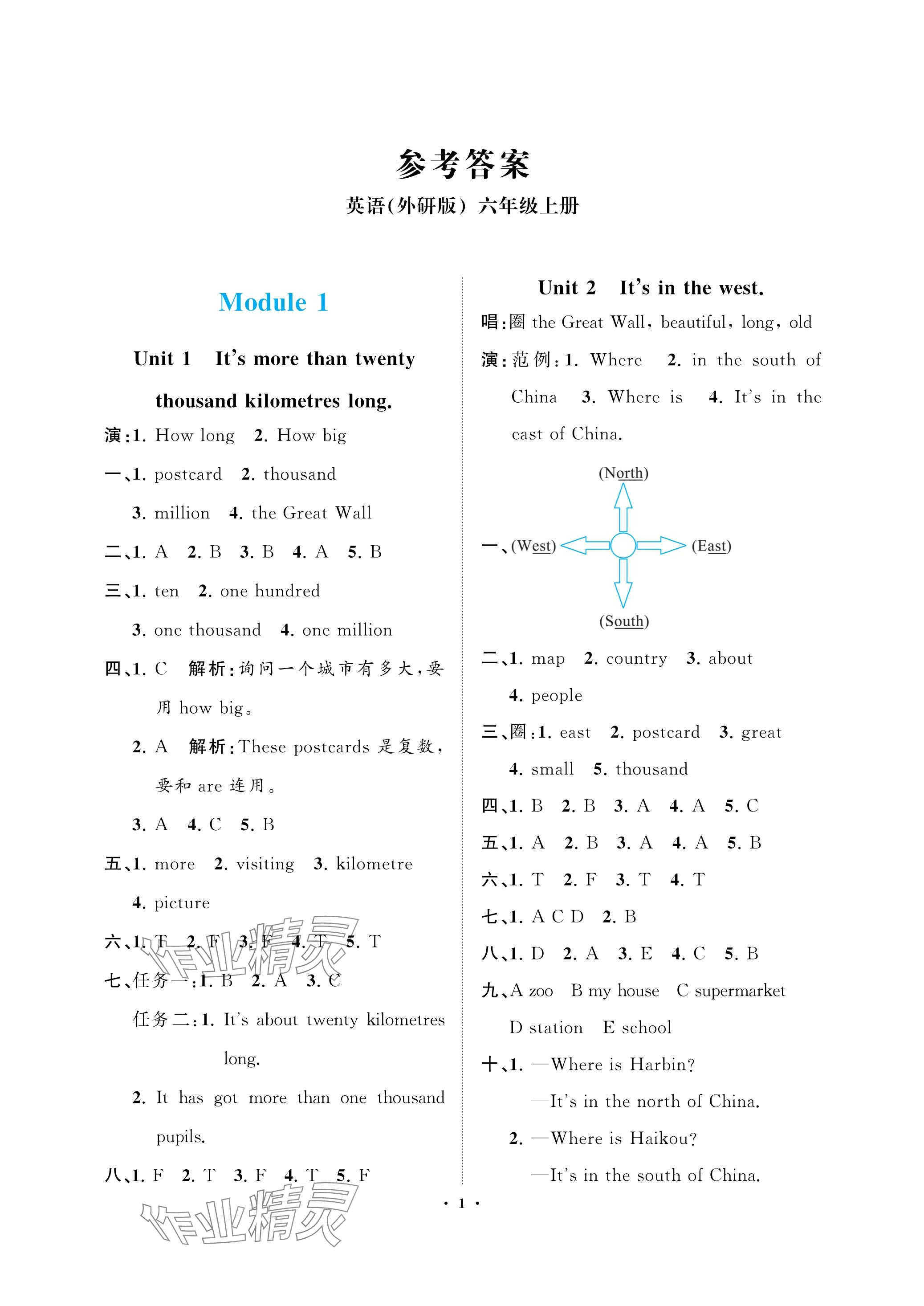 2023年新課程學(xué)習(xí)指導(dǎo)海南出版社六年級英語上冊外研版 參考答案第1頁