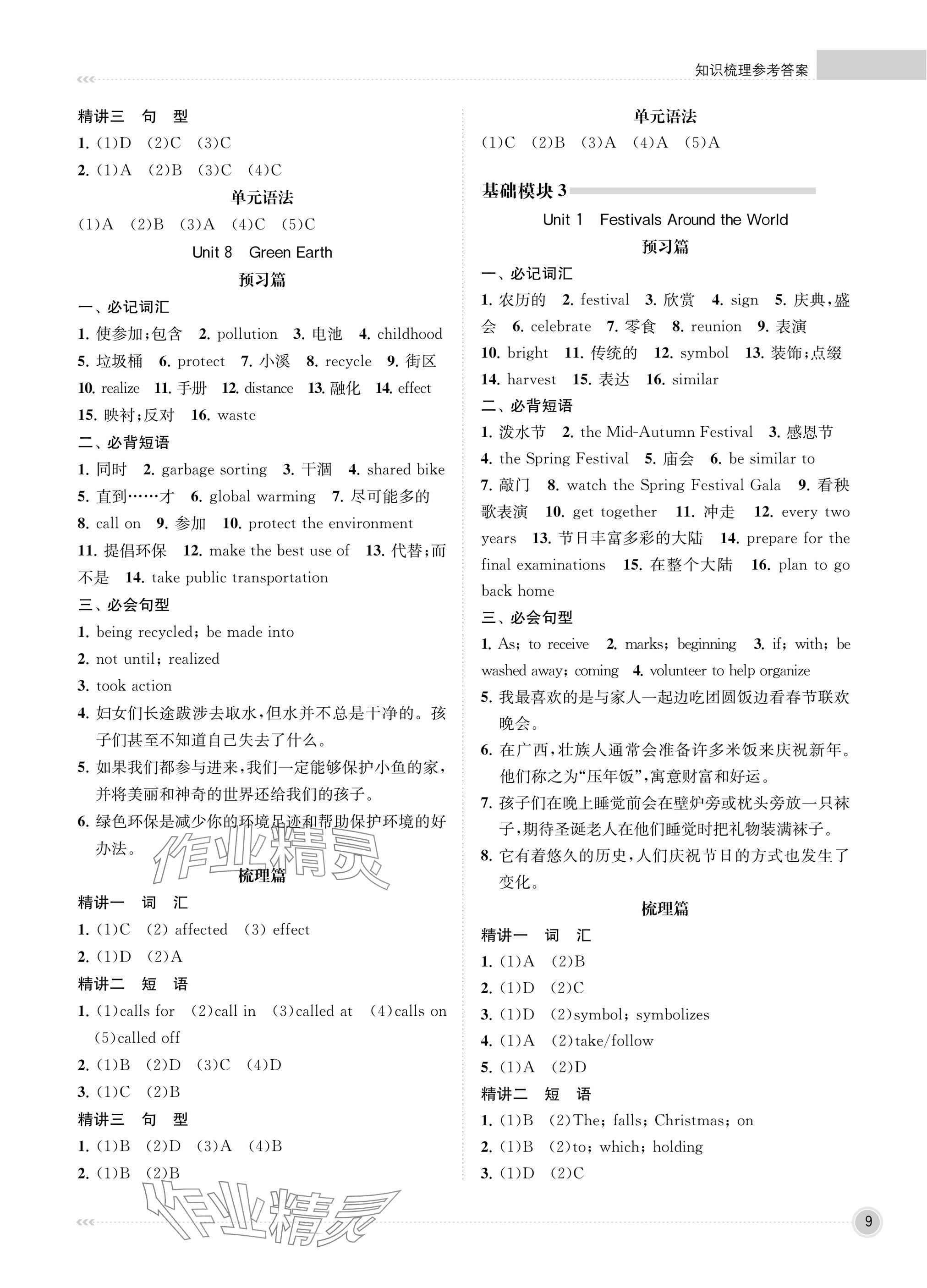 2025年江苏职教新高考知识梳理英语&nbsp;参考答案第9页