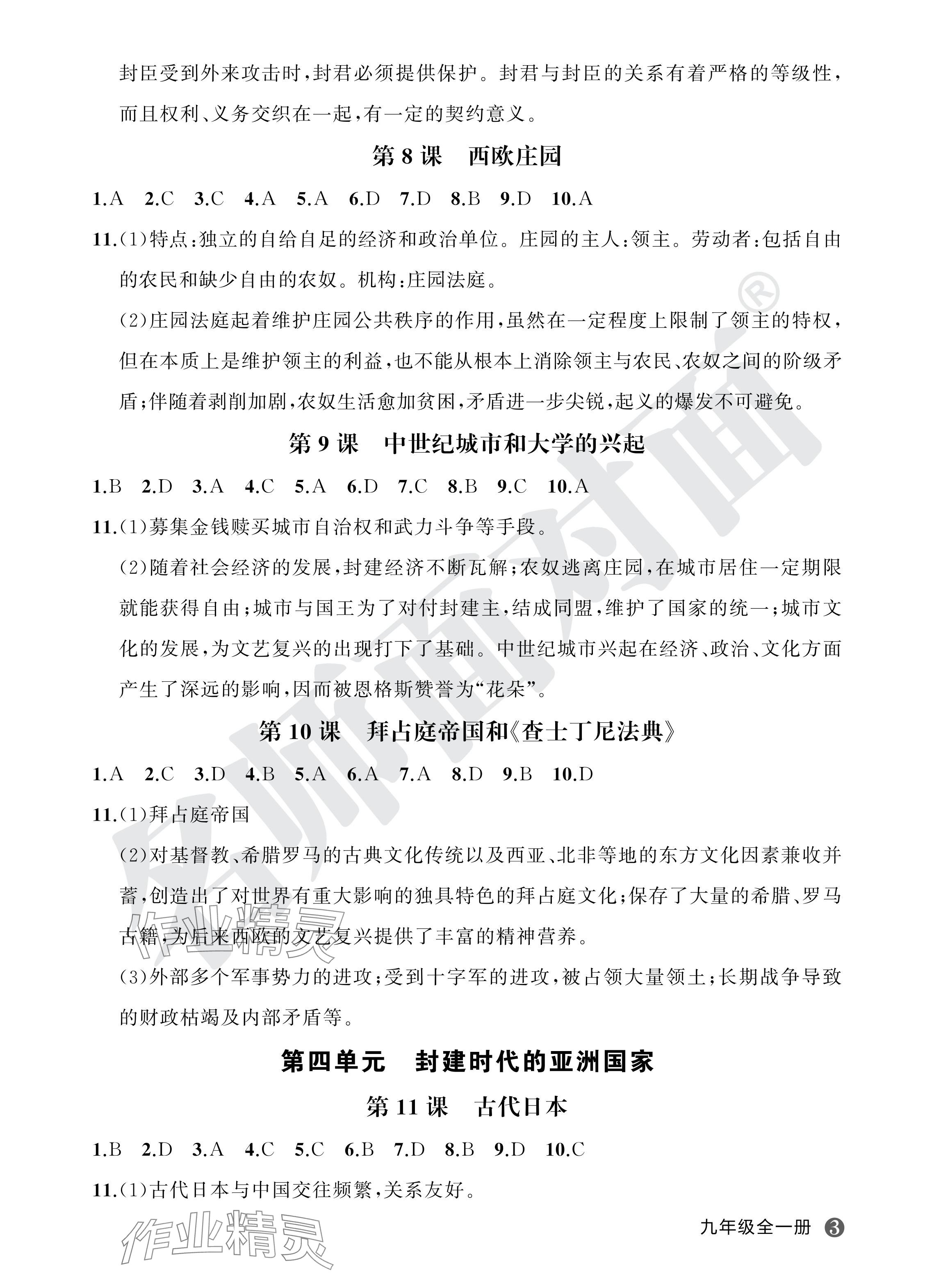 2024年名師面對面學科素養評價九年級歷史全一冊人教版 參考答案第3頁