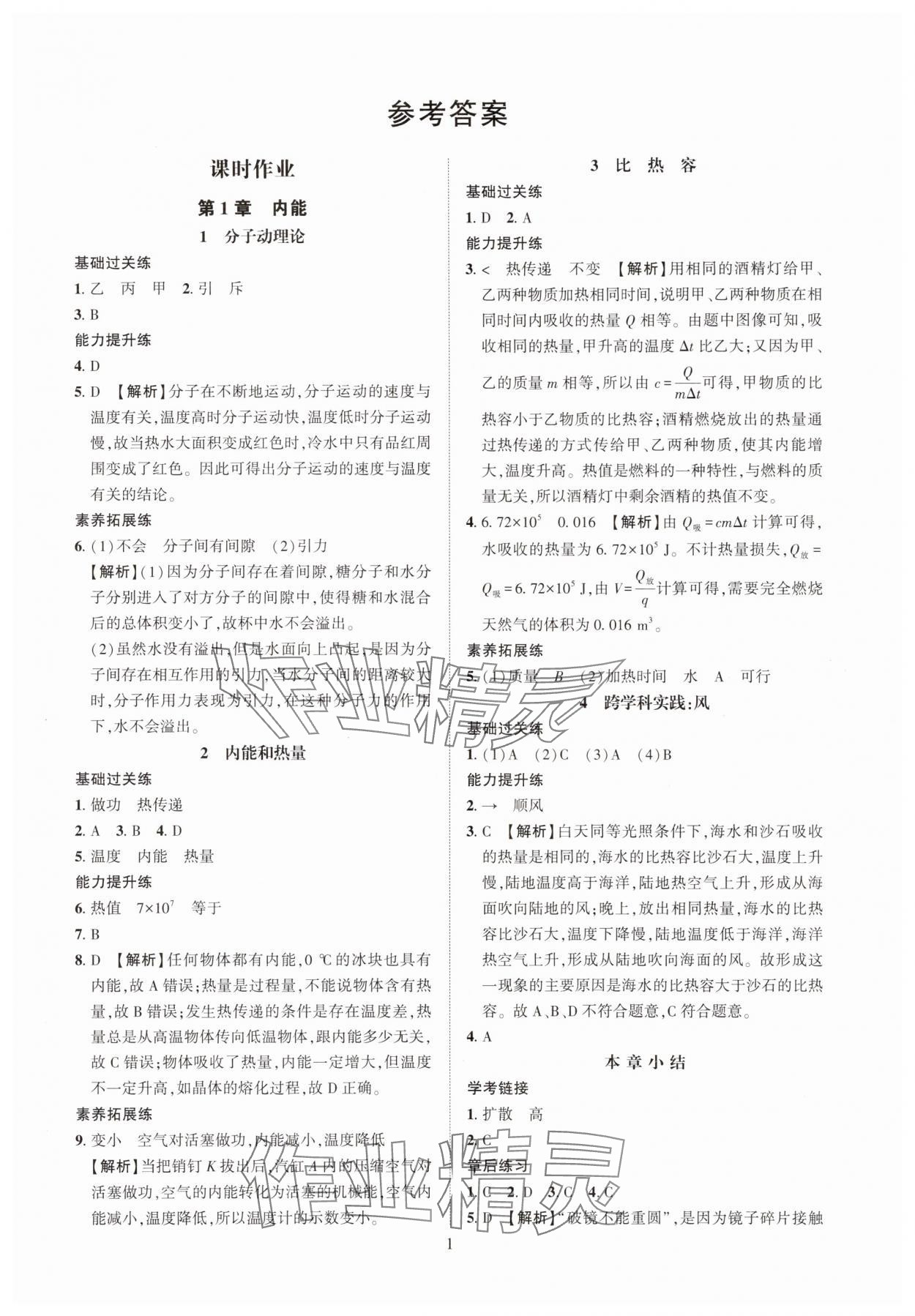 2025年一课一练创新练习九年级物理教科版 参考答案第1页