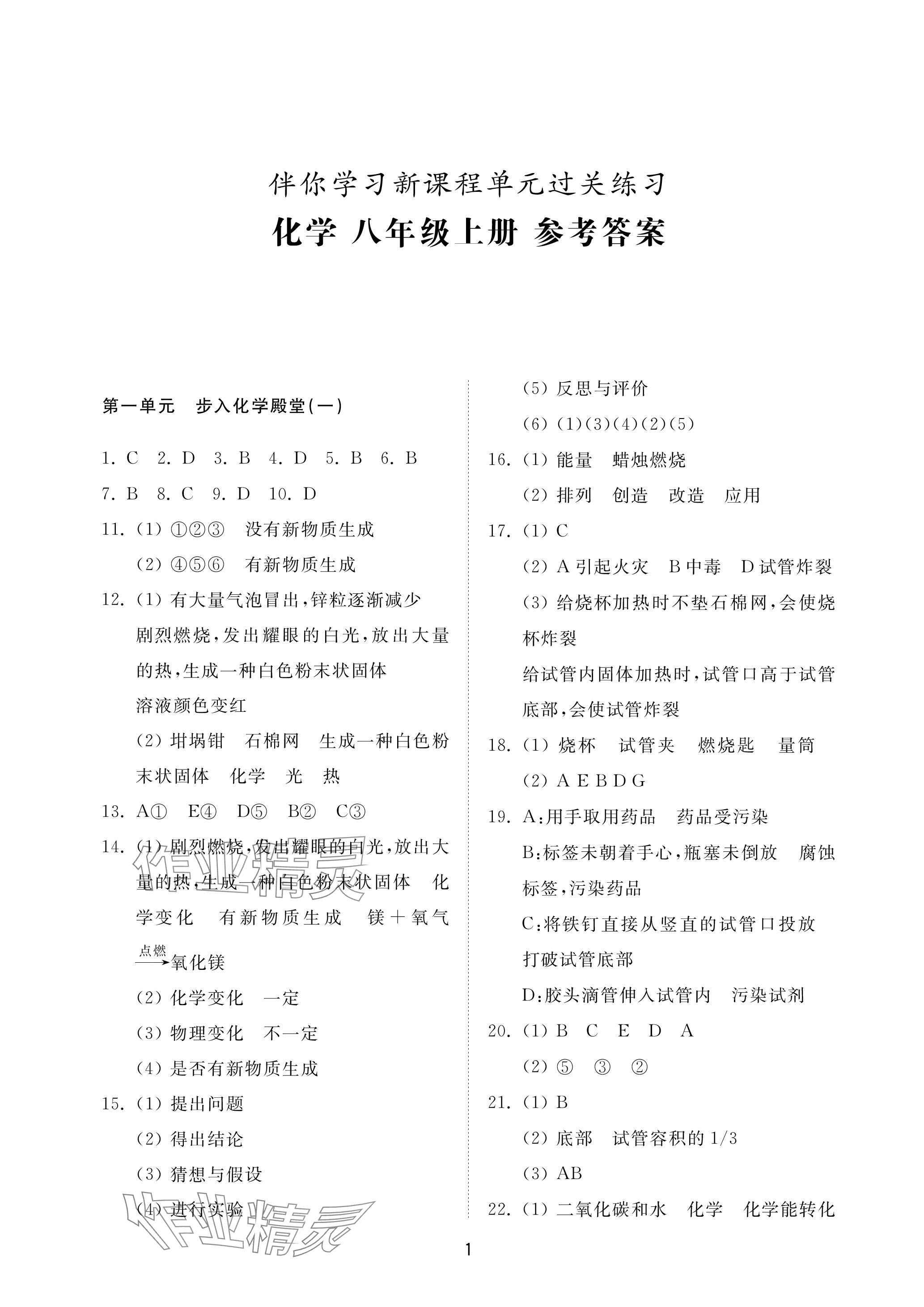 2023年同步練習冊配套檢測卷八年級化學上冊魯教版五四制 參考答案第1頁