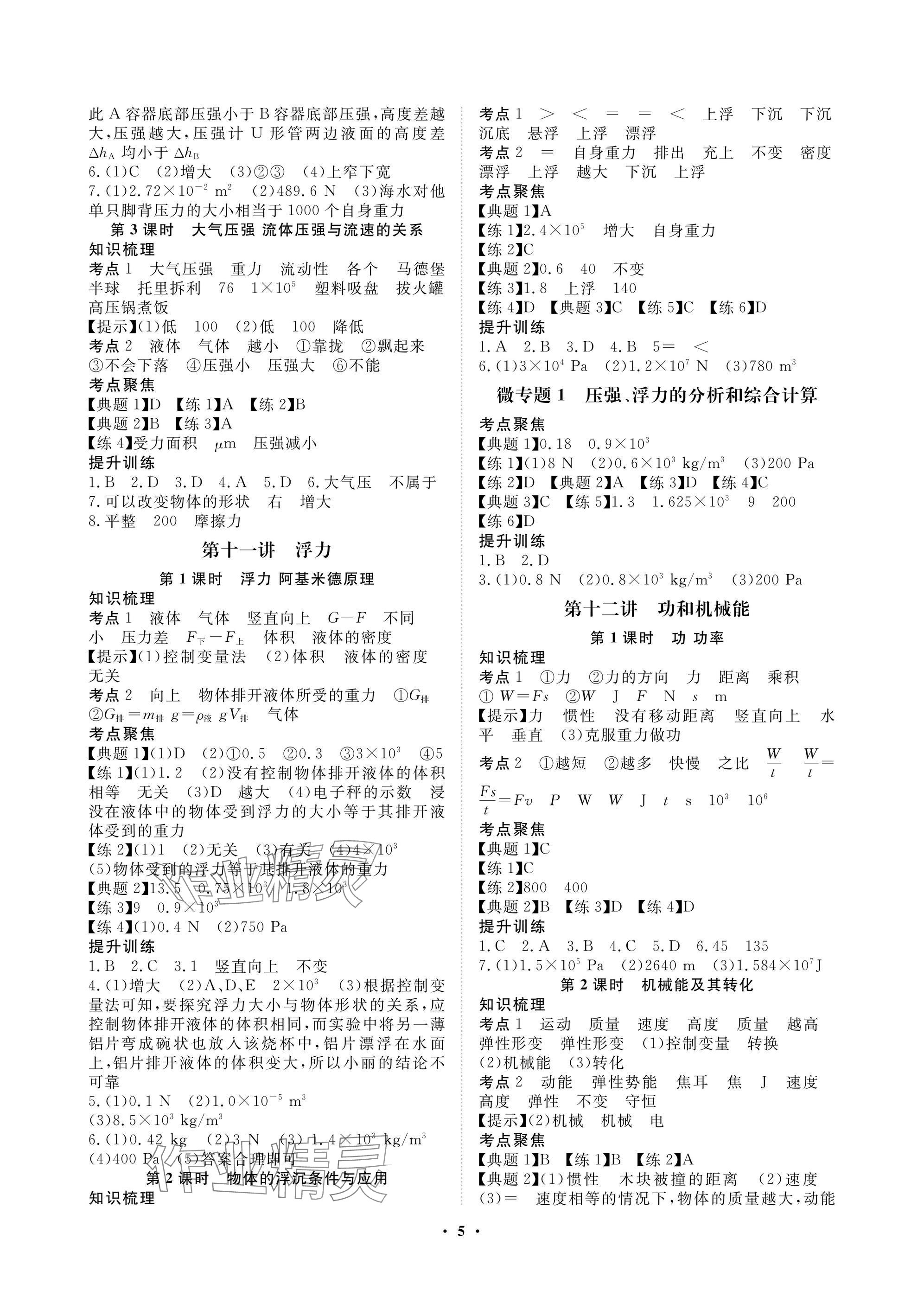 2025年湖北中考初中學(xué)業(yè)水平考試總復(fù)習(xí)物理通用版 參考答案第5頁