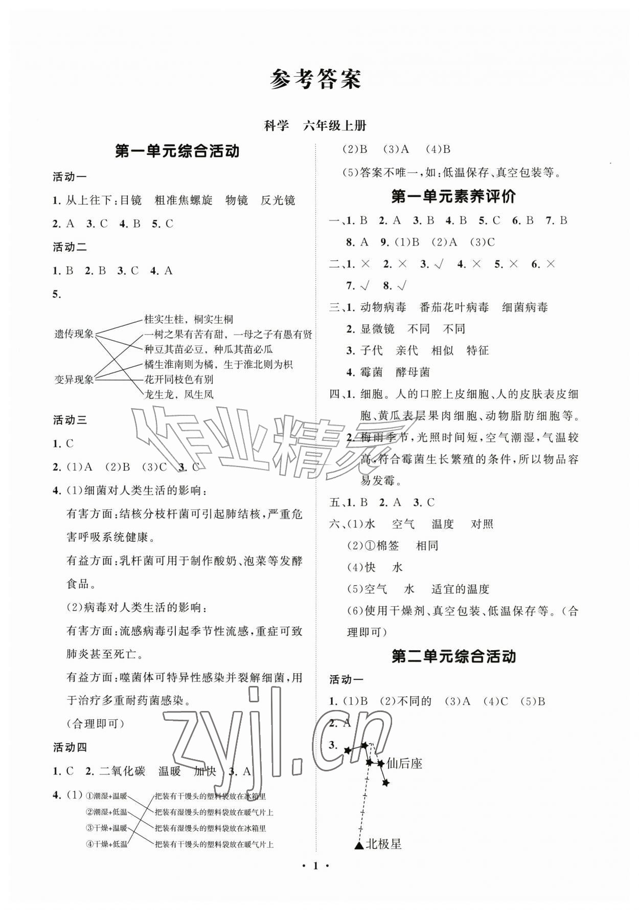 2026年同步练习册分层指导六年级科学上册青岛版&nbsp;参考答案第1页