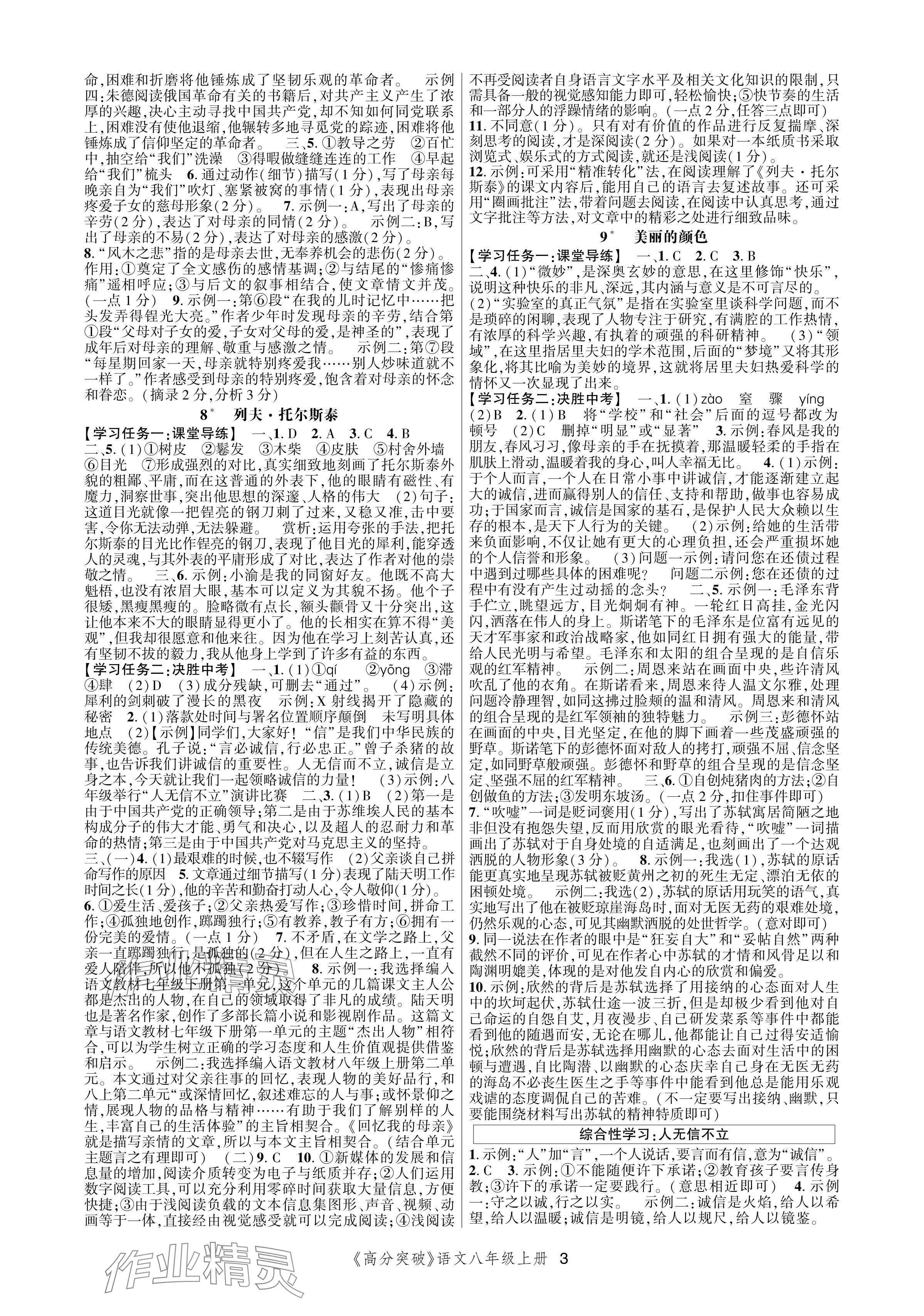 2024年高分突破課時達(dá)標(biāo)講練測八年級語文上冊人教版 參考答案第3頁