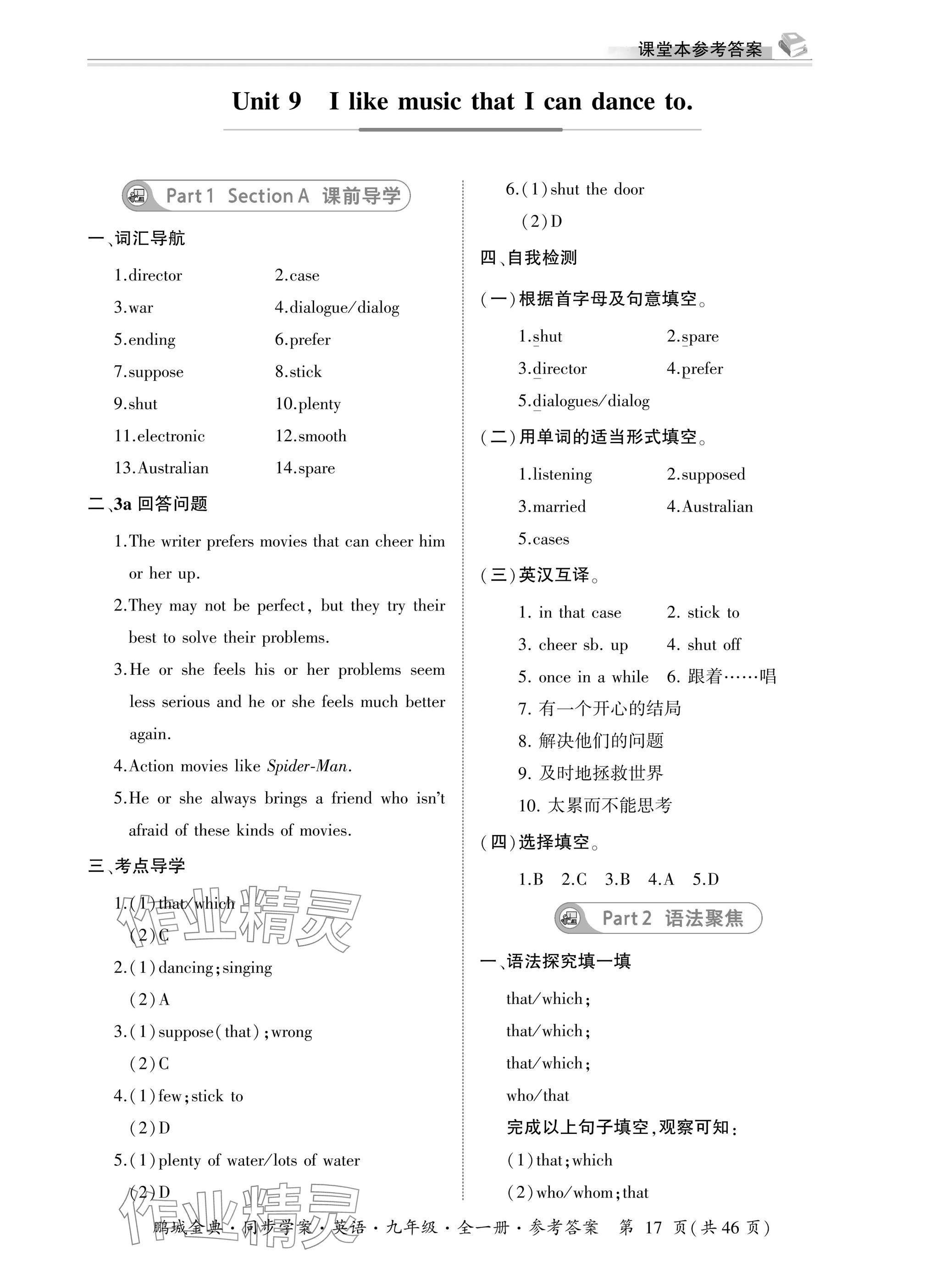 2025年名师帮同步学案九年级英语全一册人教版&nbsp;参考答案第17页