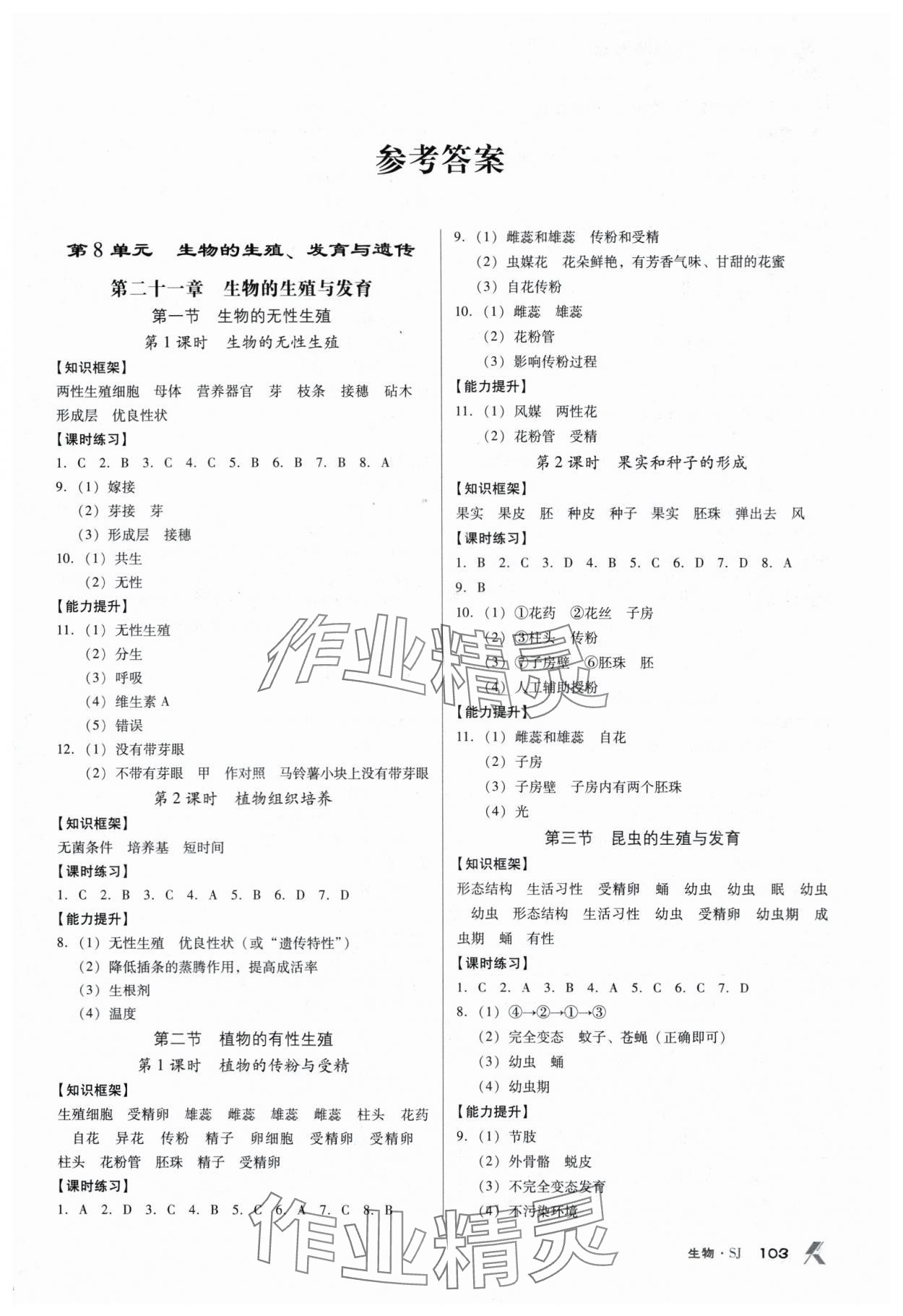 2024年全优点练课计划八年级生物下册苏教版 参考答案第1页