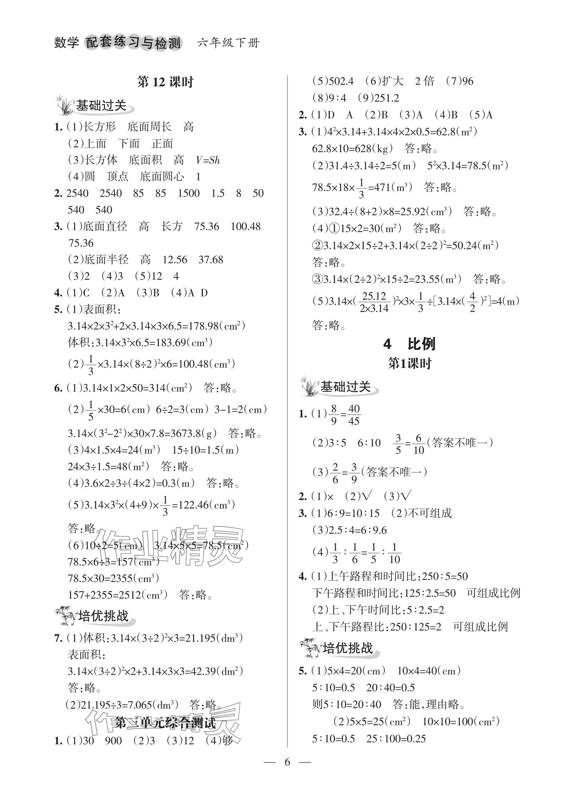 2025年配套練習(xí)與檢測六年級數(shù)學(xué)下冊人教版 參考答案第6頁
