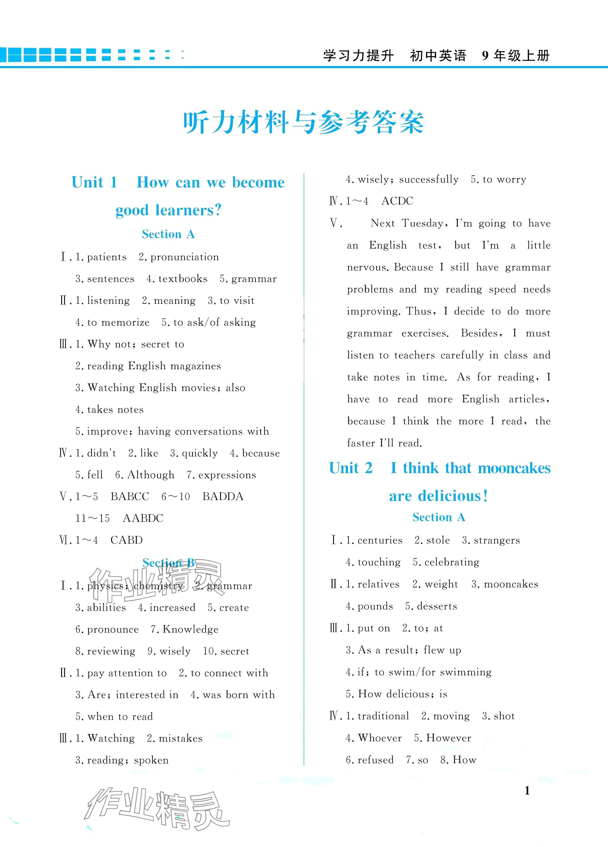 2025年学习力提升九年级英语上册人教版 参考答案第1页