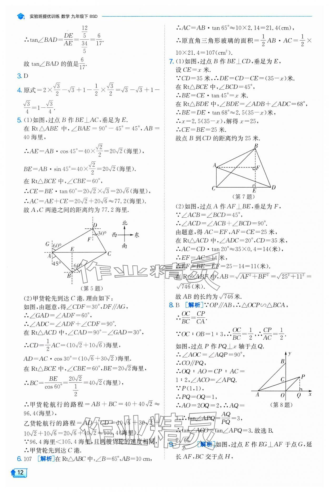 2025年实验班提优训练九年级数学下册北师大版 参考答案第12页