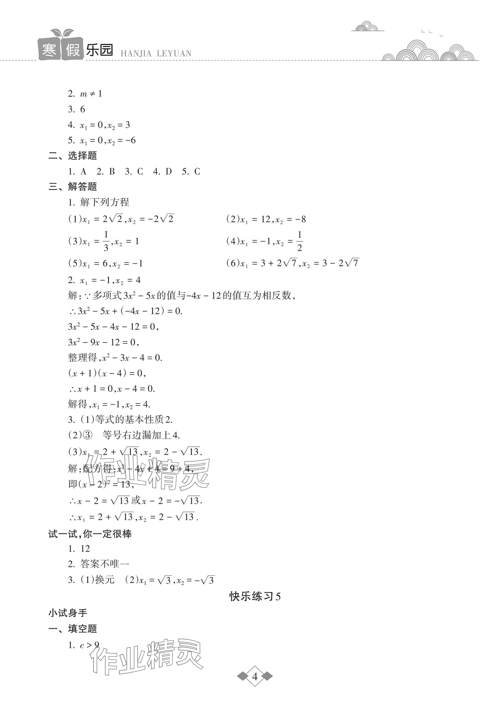 2025年寒假樂園海南出版社九年級數學華師大版 參考答案第4頁