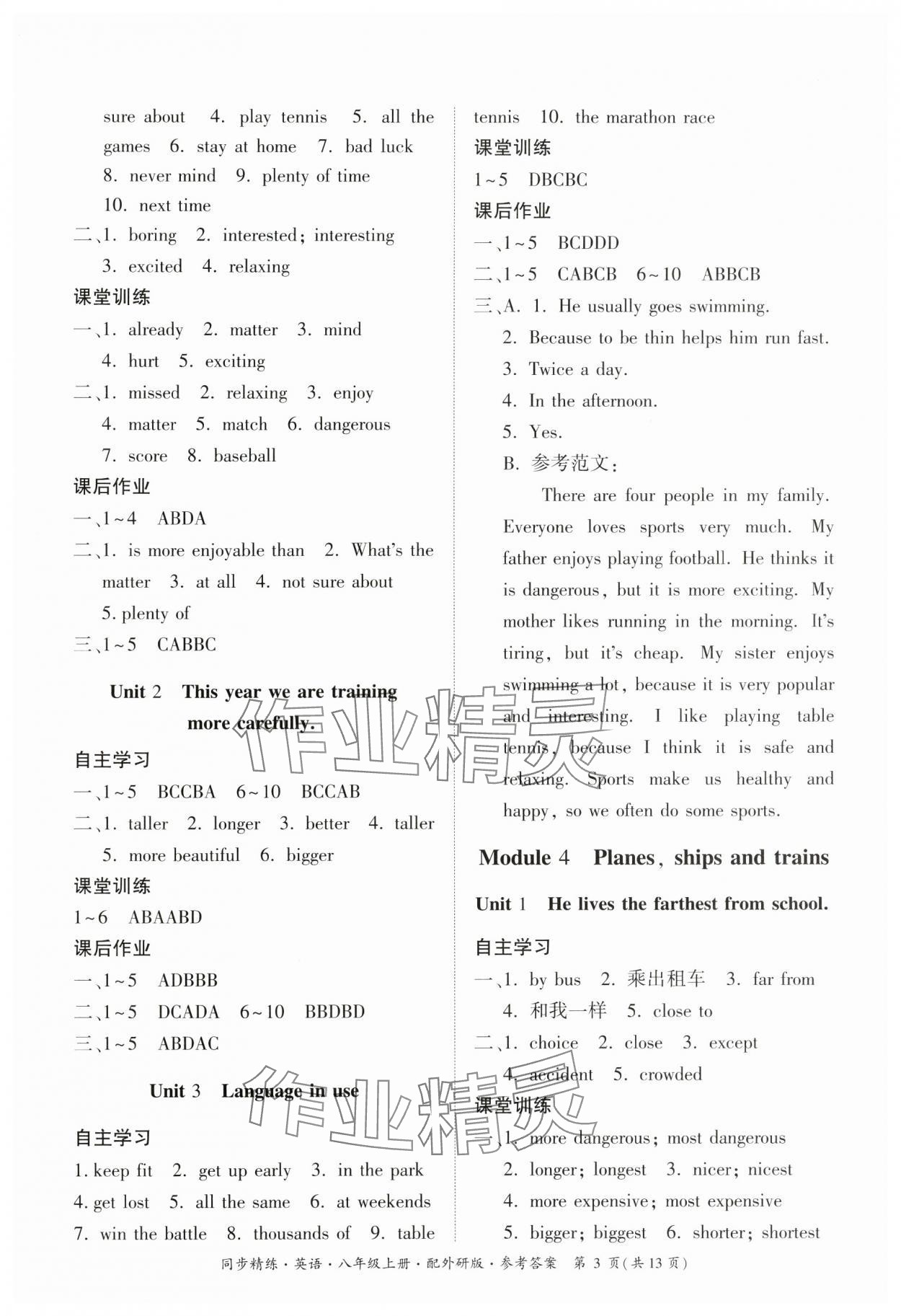 2024年同步精练广东人民出版社八年级英语上册外研版 参考答案第3页