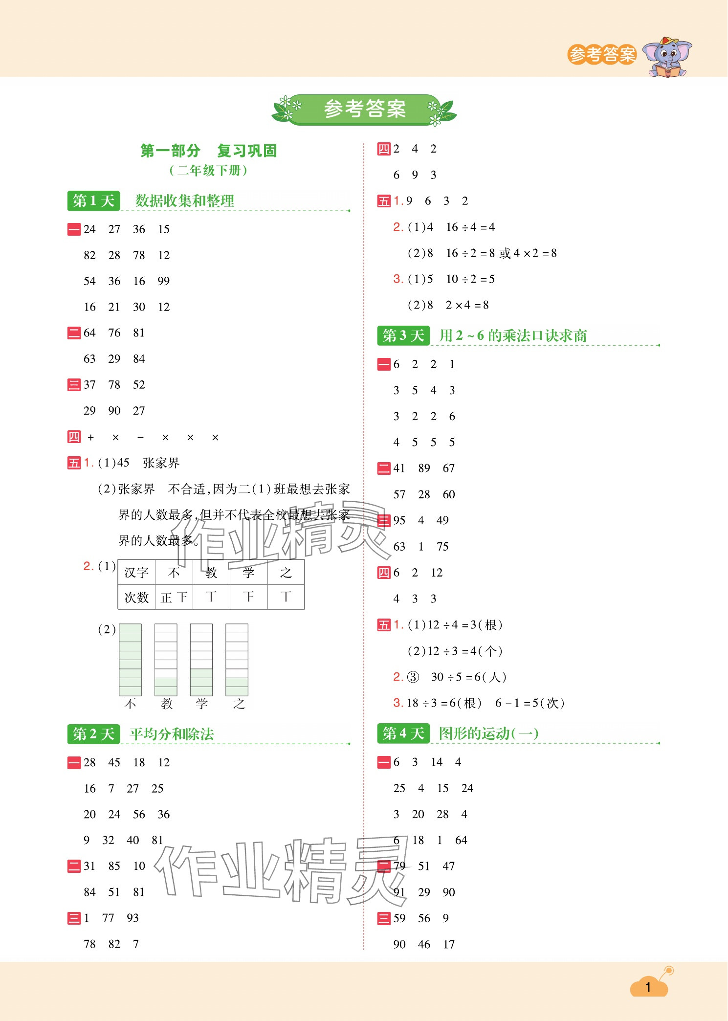 2025年暑假专项训练二年级数学 参考答案第1页
