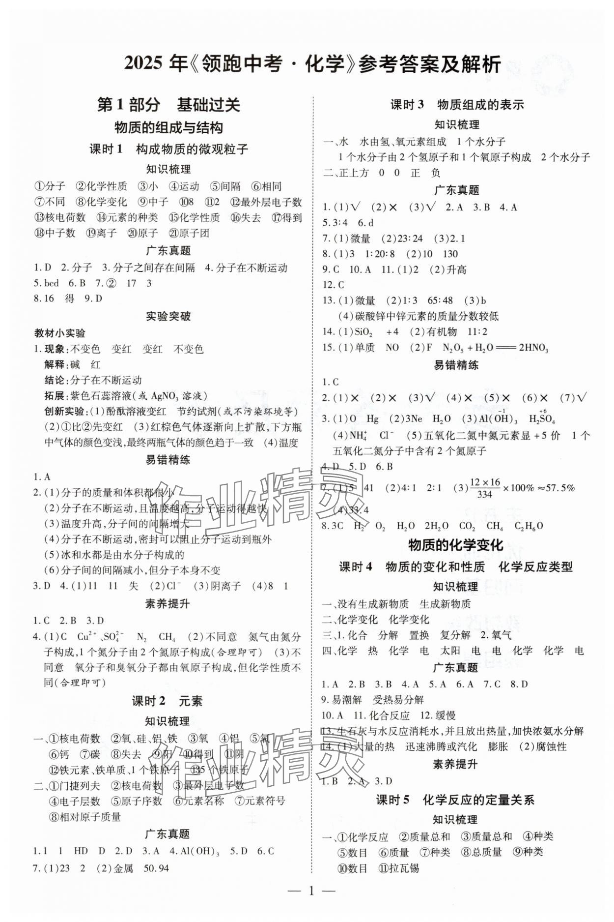 2025年领跑中考化学广东专版 参考答案第1页