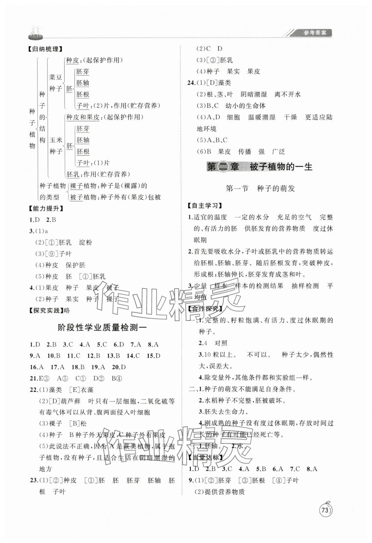 2024年初中同步練習冊六年級生物學下冊魯科版54制山東友誼出版社 參考答案第3頁