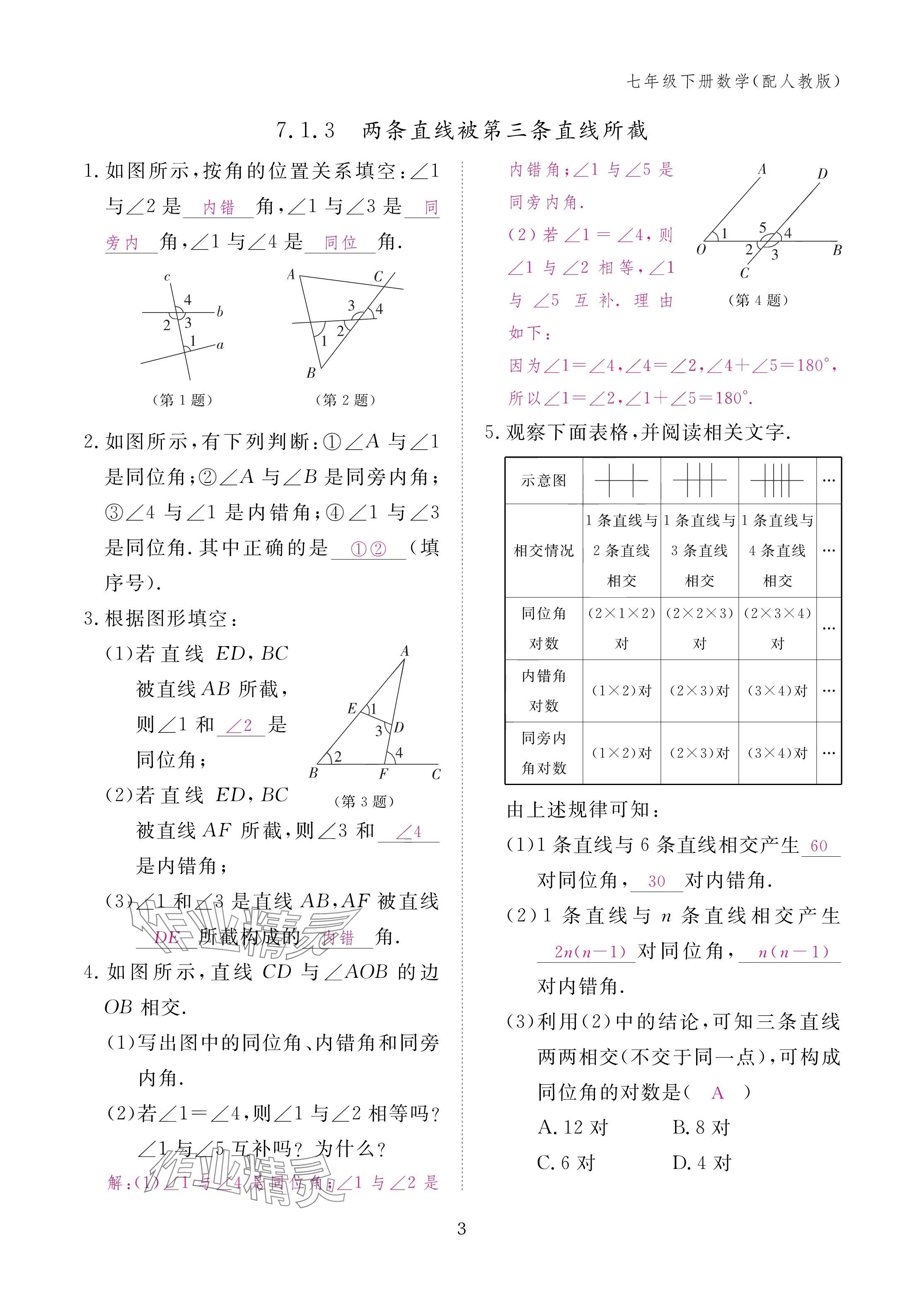 2025年作業本江西教育出版社七年級數學下冊人教版 參考答案第3頁
