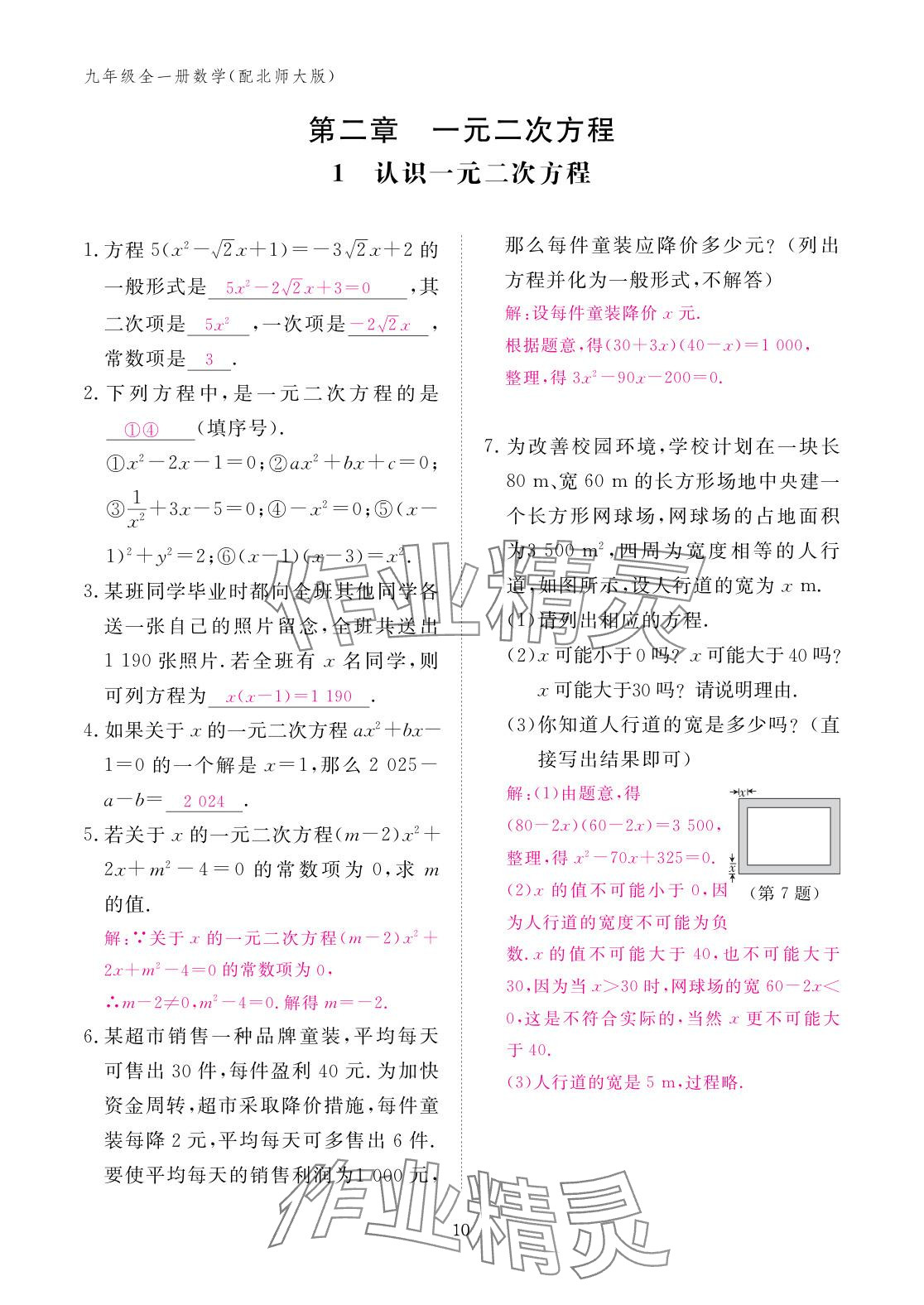 2025年作业本江西教育出版社九年级数学全一册北师大版 参考答案第10页