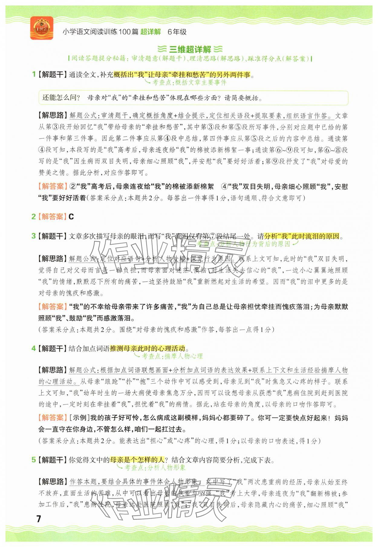 2025年王朝霞小学语文阅读训练100篇六年级 参考答案第7页