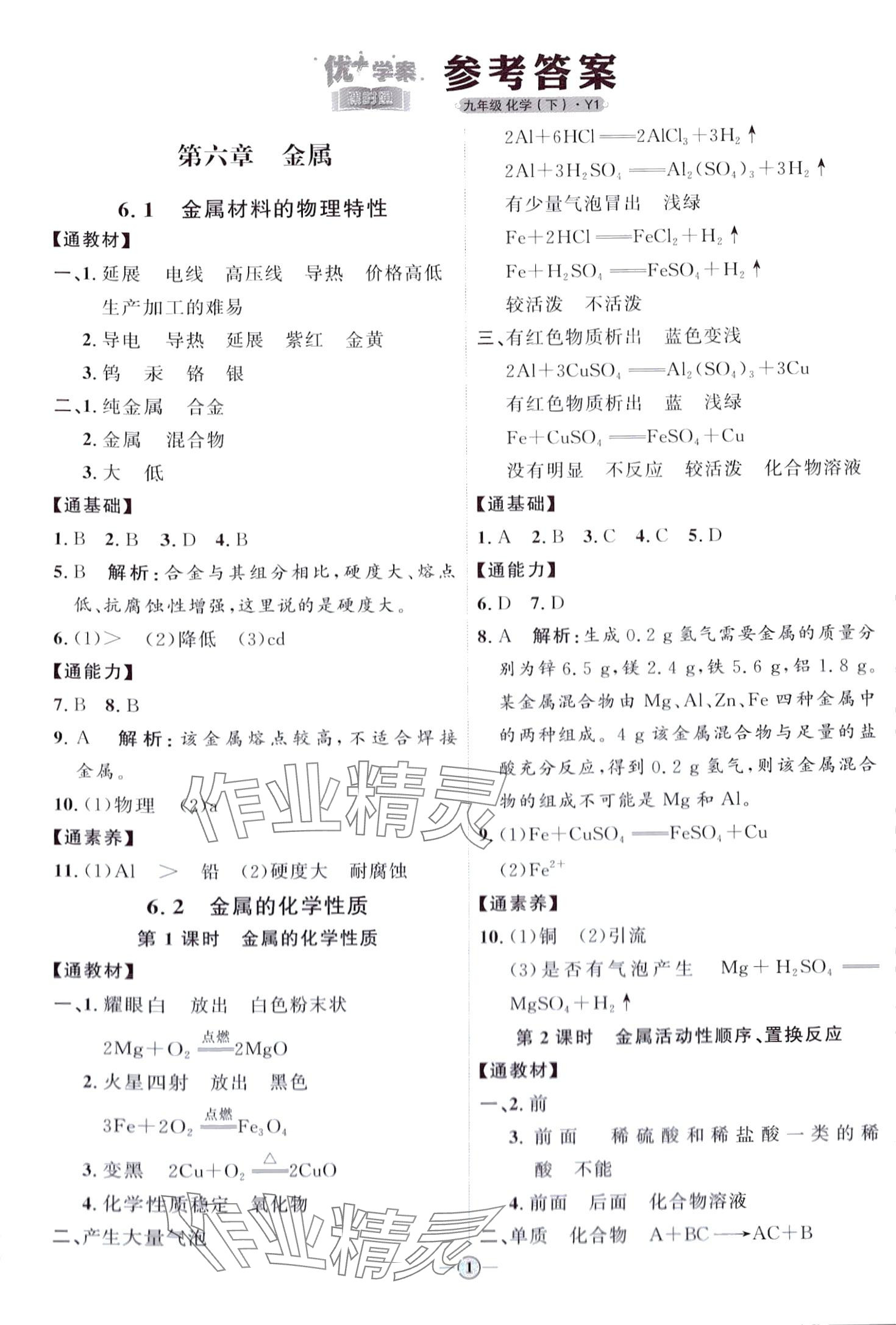 2024年优加学案课时通九年级化学下册Y1 第1页