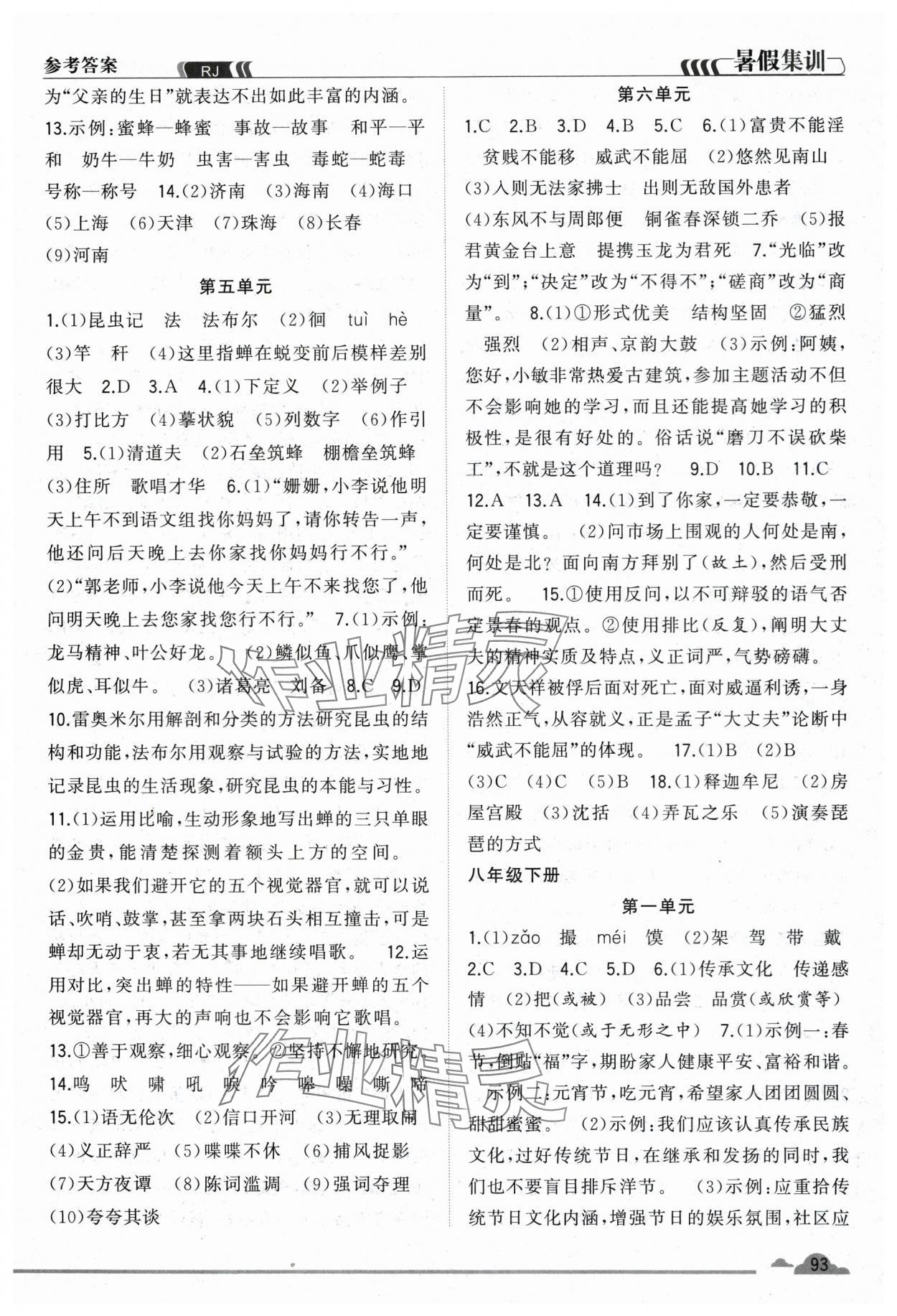 2025年暑假集訓(xùn)八年級(jí)語文人教版合肥工業(yè)大學(xué)出版社 參考答案第3頁