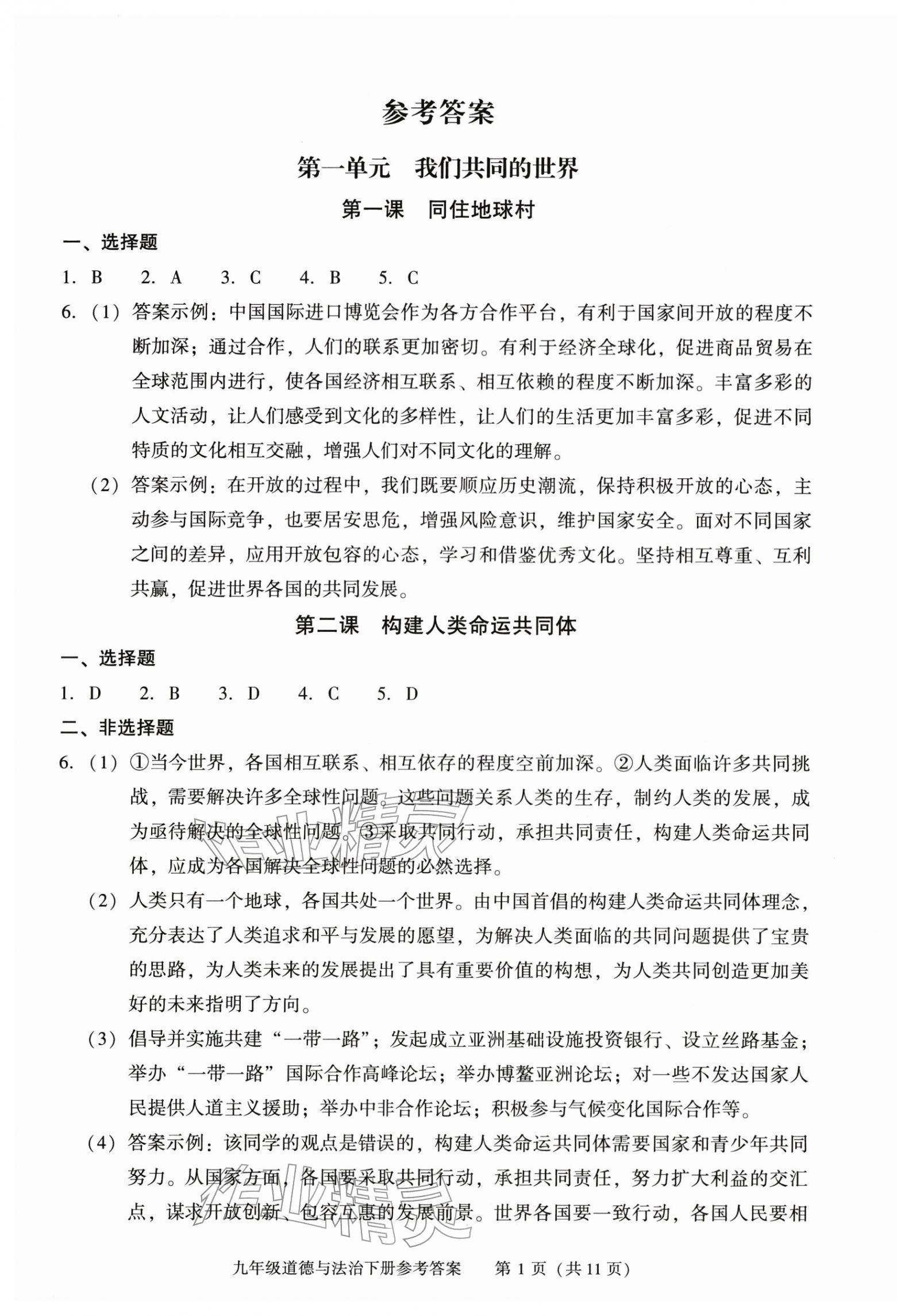 2026年学习探究诊断九年级道德与法治下册人教版&nbsp;参考答案第1页