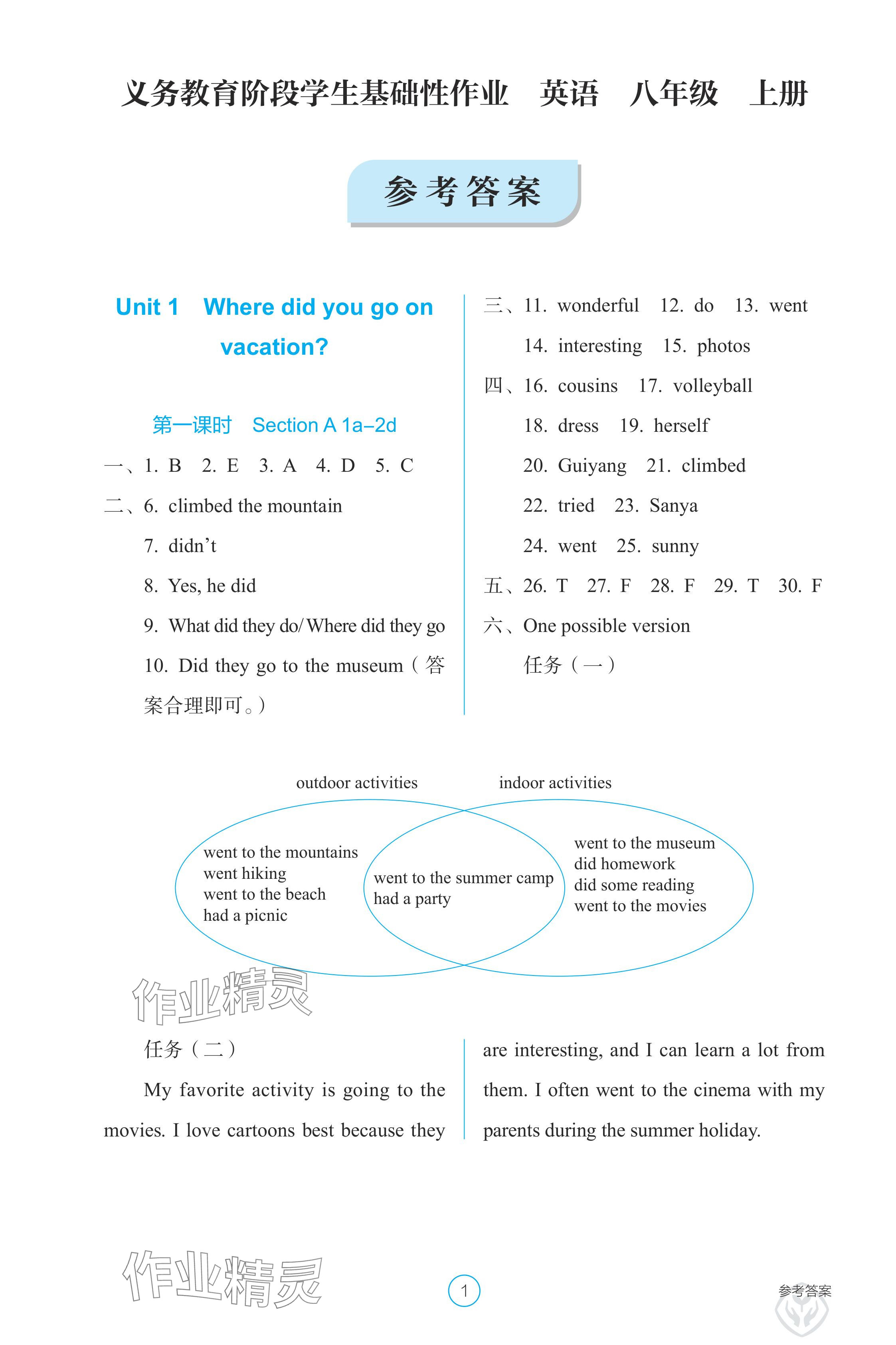 2024年學生基礎性作業(yè)八年級英語上冊人教版 參考答案第1頁