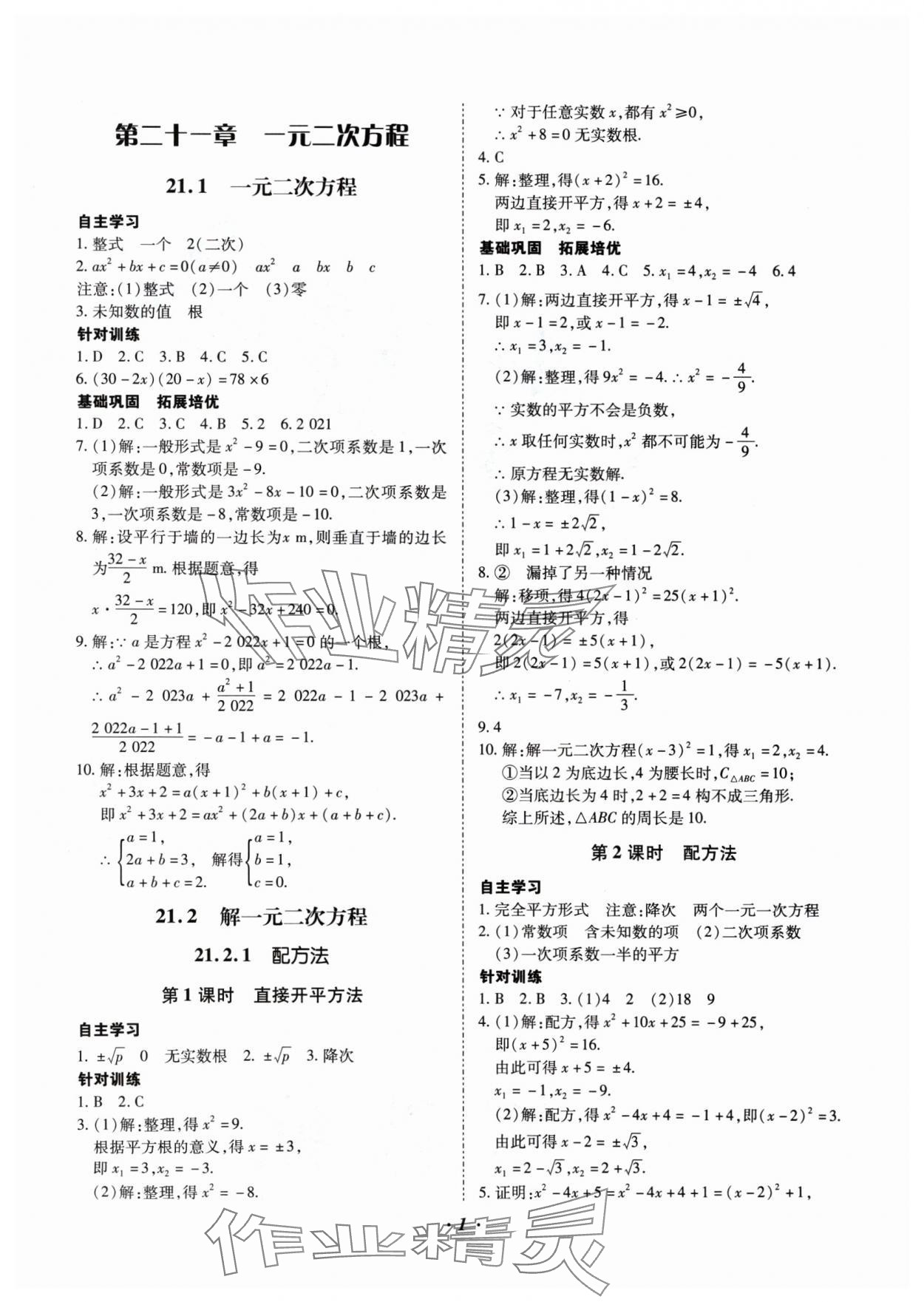 2024年本土攻略九年级数学全一册人教版 参考答案第1页