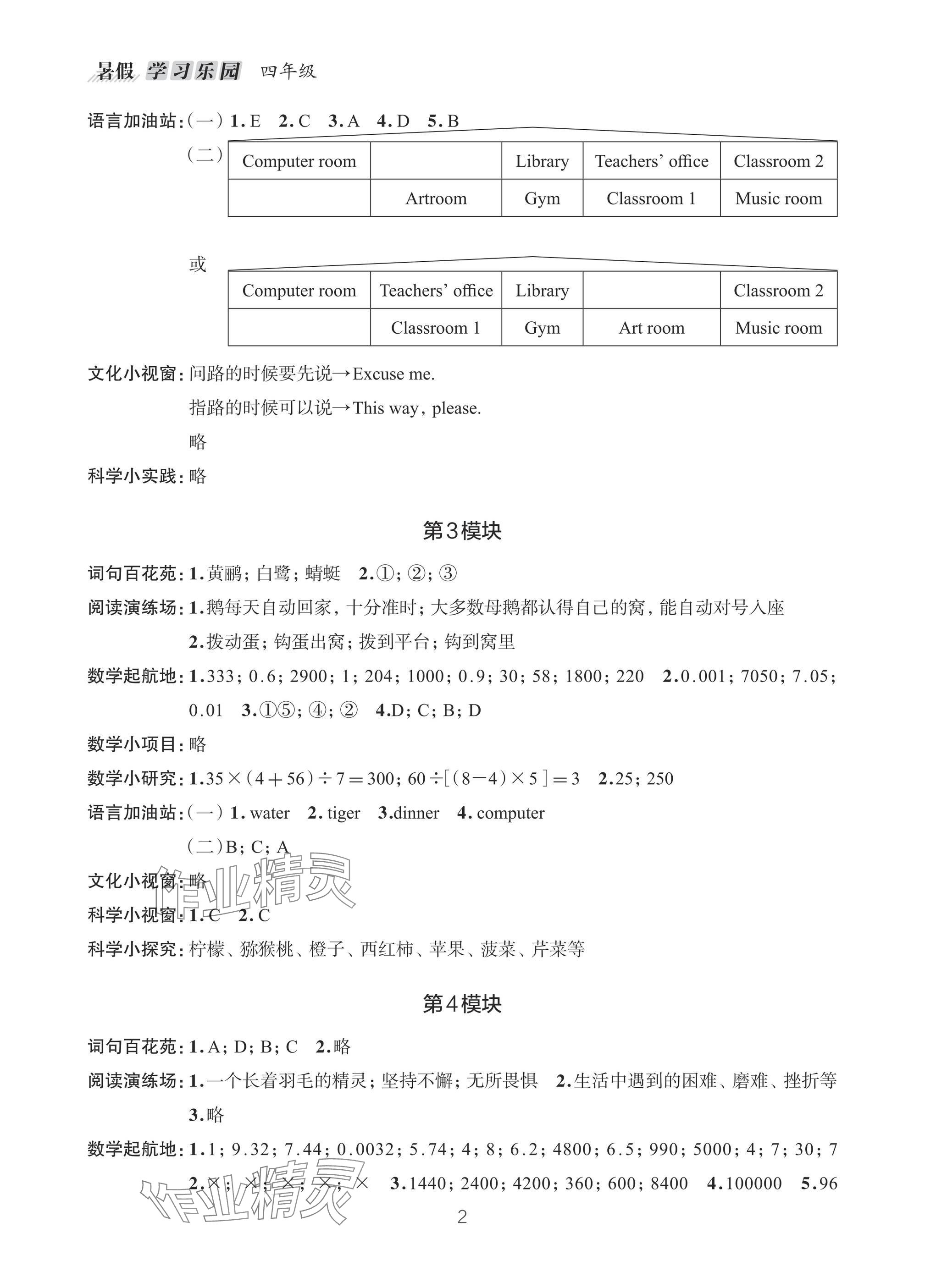 2025年暑假学习乐园浙江科学技术出版社四年级合订本 参考答案第2页