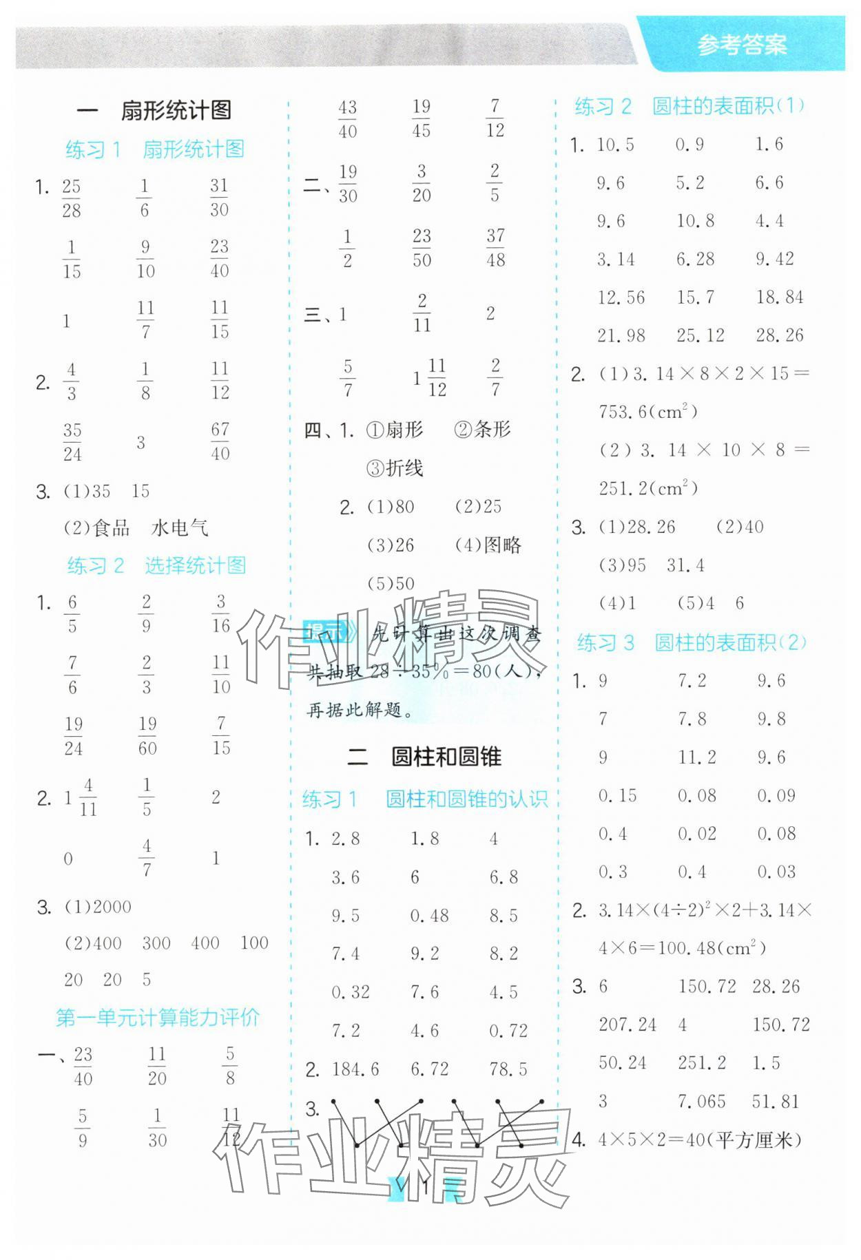 2025年口算心算速算天天练江苏人民出版社六年级数学下册苏教版 参考答案第1页