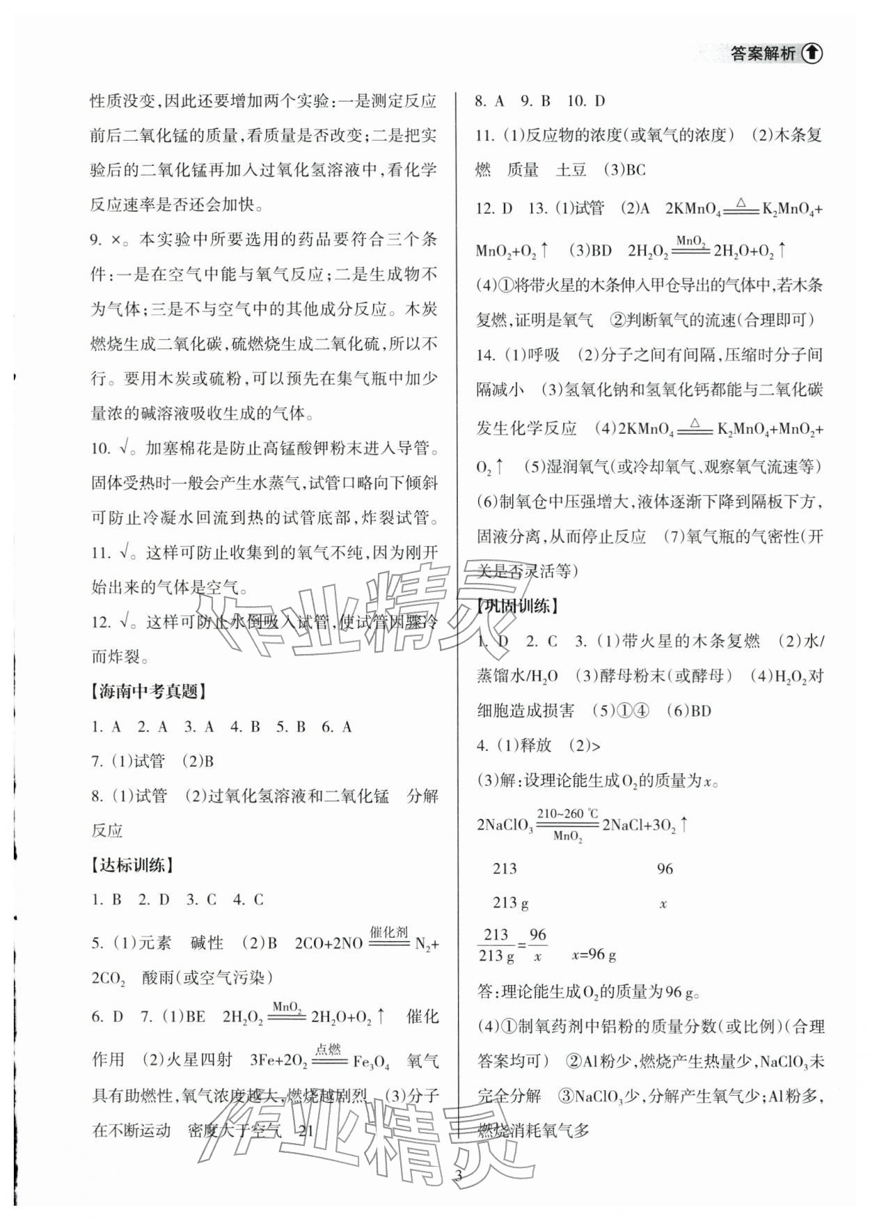 2026年海南中学中考总复习化学人教版&nbsp;参考答案第3页