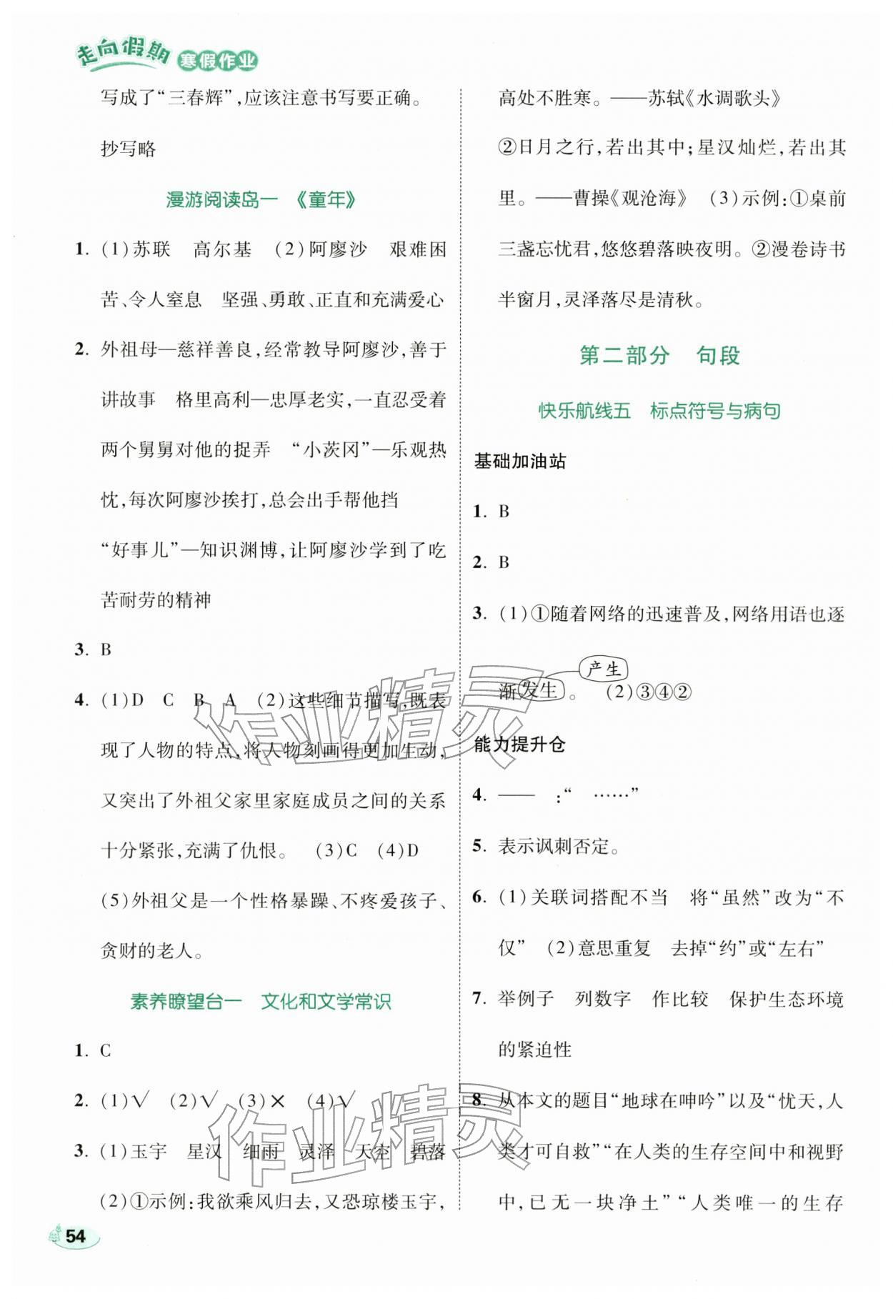 2026年走向假期寒假作业六年级语文人教版&nbsp;参考答案第3页