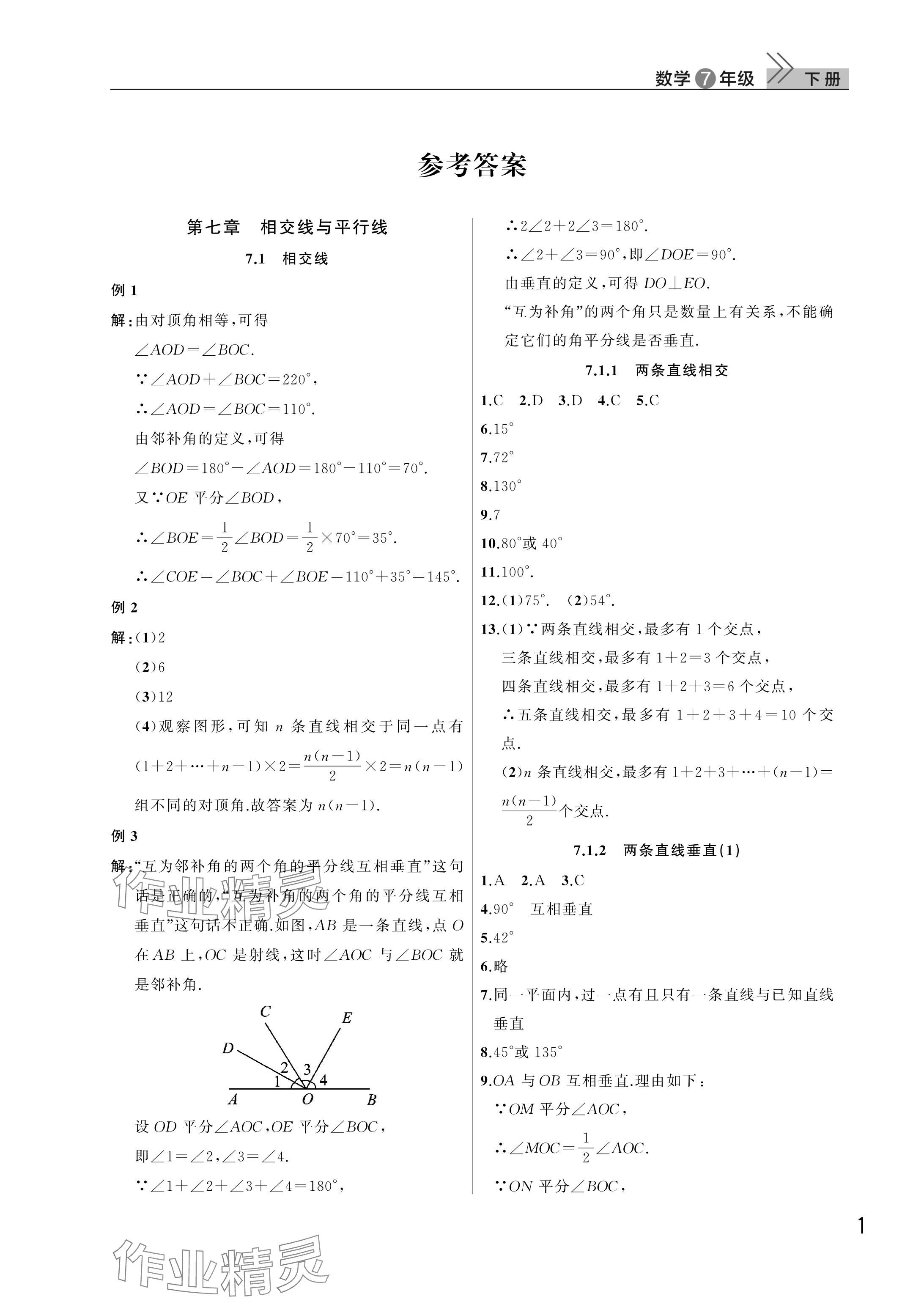 2025年課堂作業(yè)武漢出版社七年級數(shù)學(xué)下冊人教版 參考答案第1頁