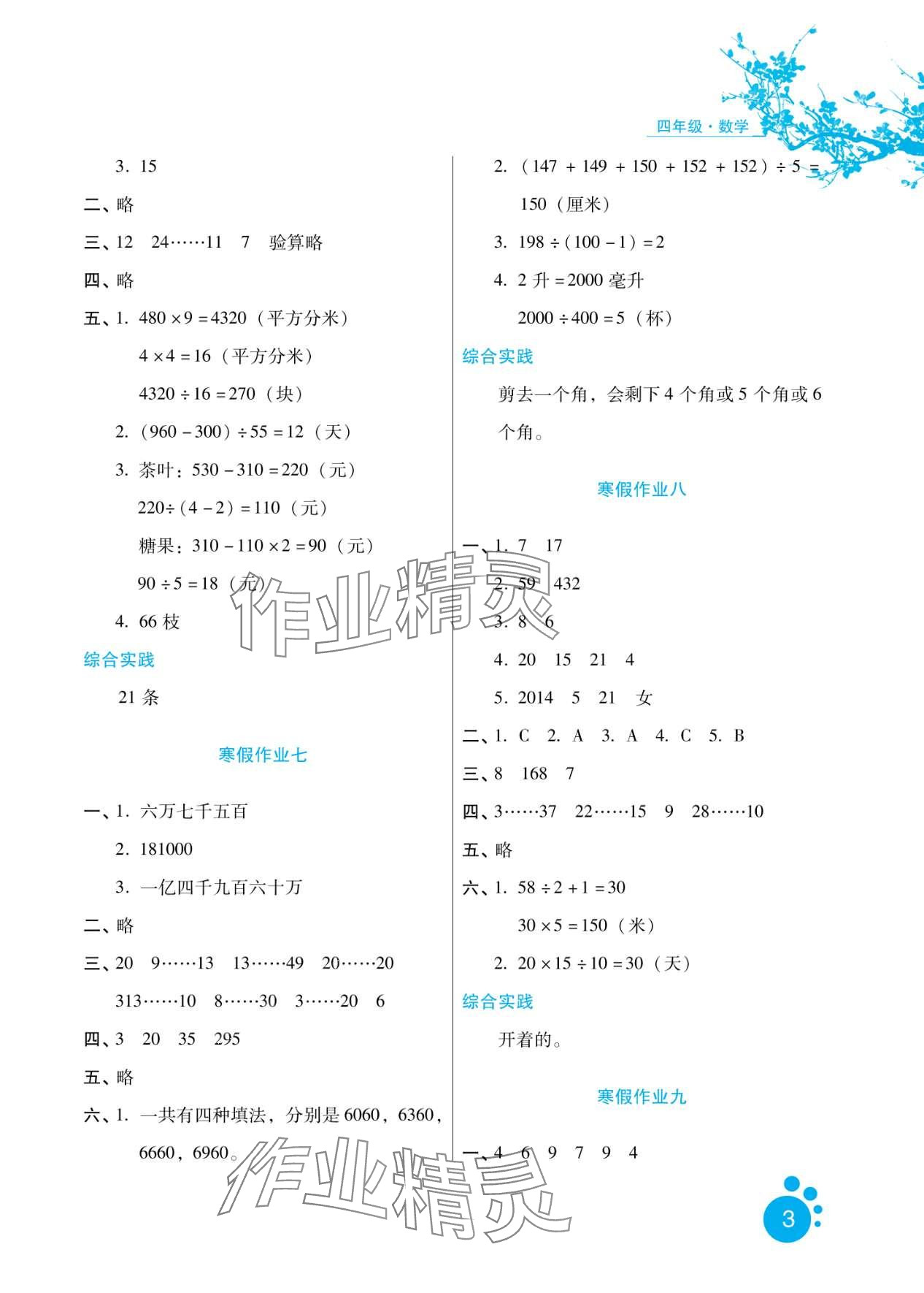 2024年寒假生活河北人民出版社四年级数学冀教版 第3页