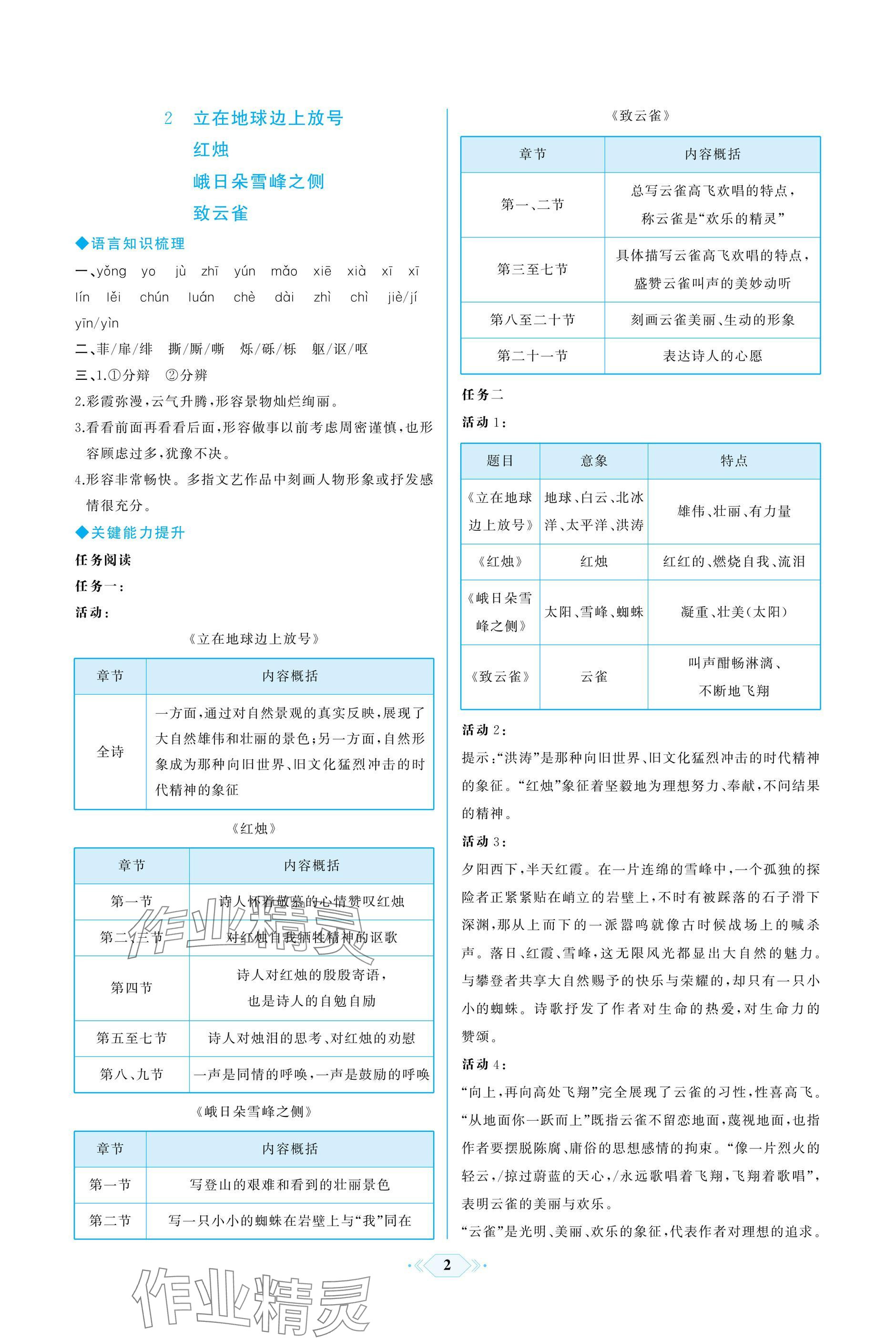 2024年同步解析与测评课时练人民教育出版社高中语文必修上册人教版增强版 参考答案第2页