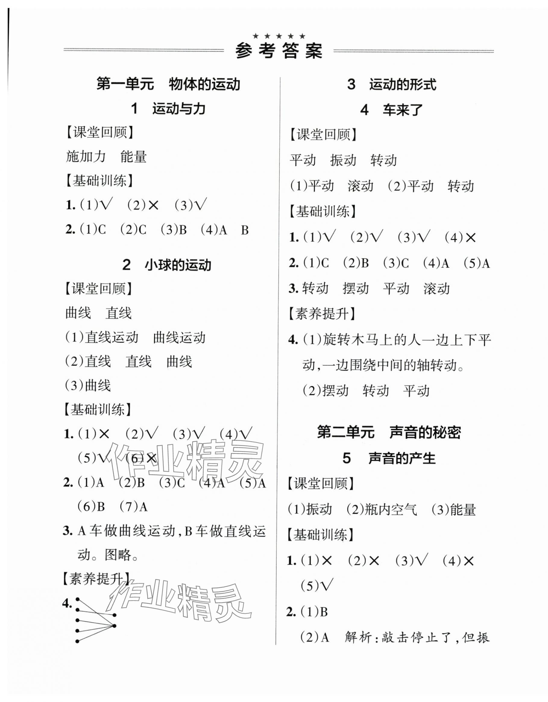 2025年小學(xué)學(xué)霸作業(yè)本四年級科學(xué)下冊青島版山東專版 參考答案第1頁