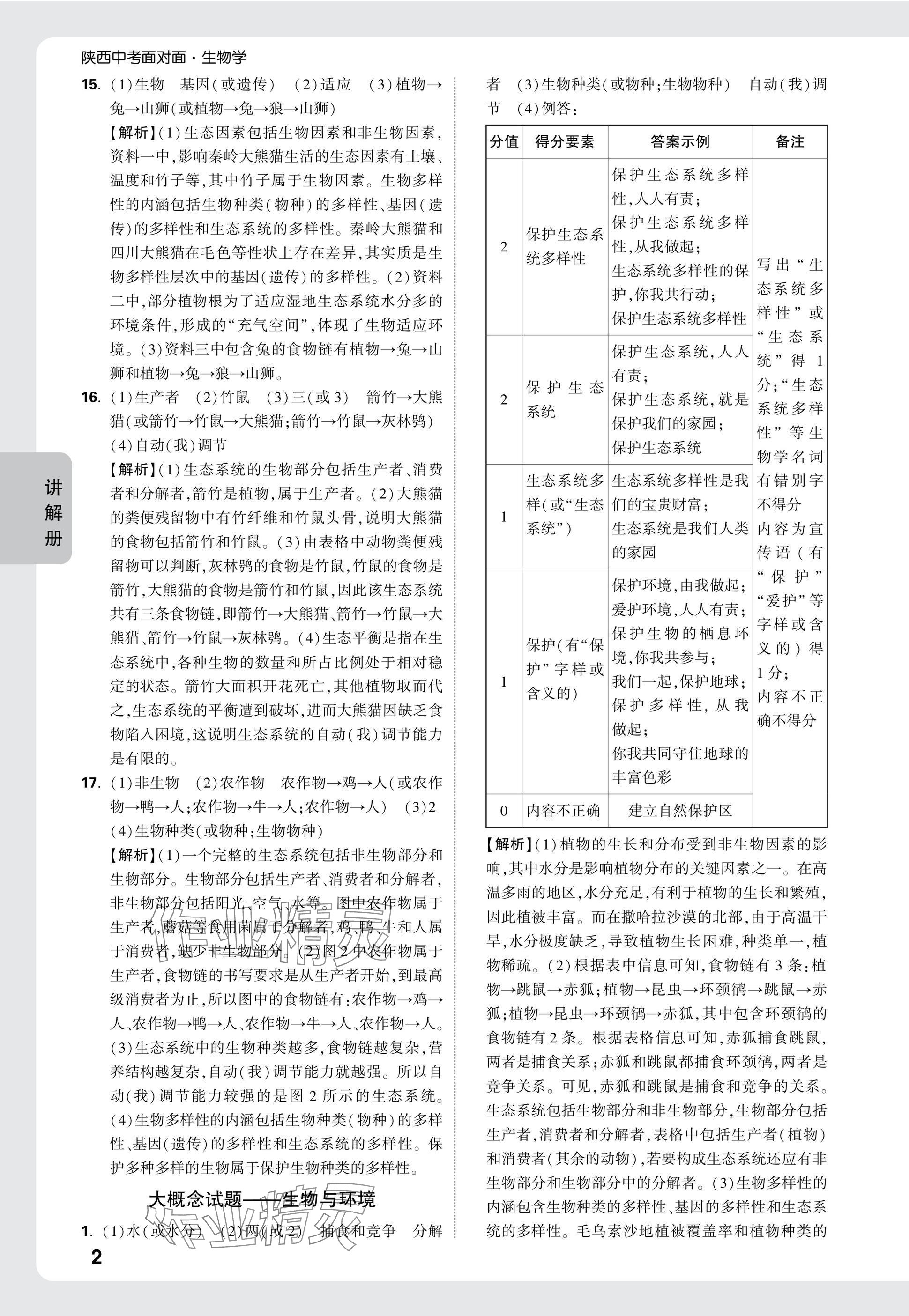 2025年中考面對(duì)面生物中考人教版陜西專版 參考答案第8頁(yè)