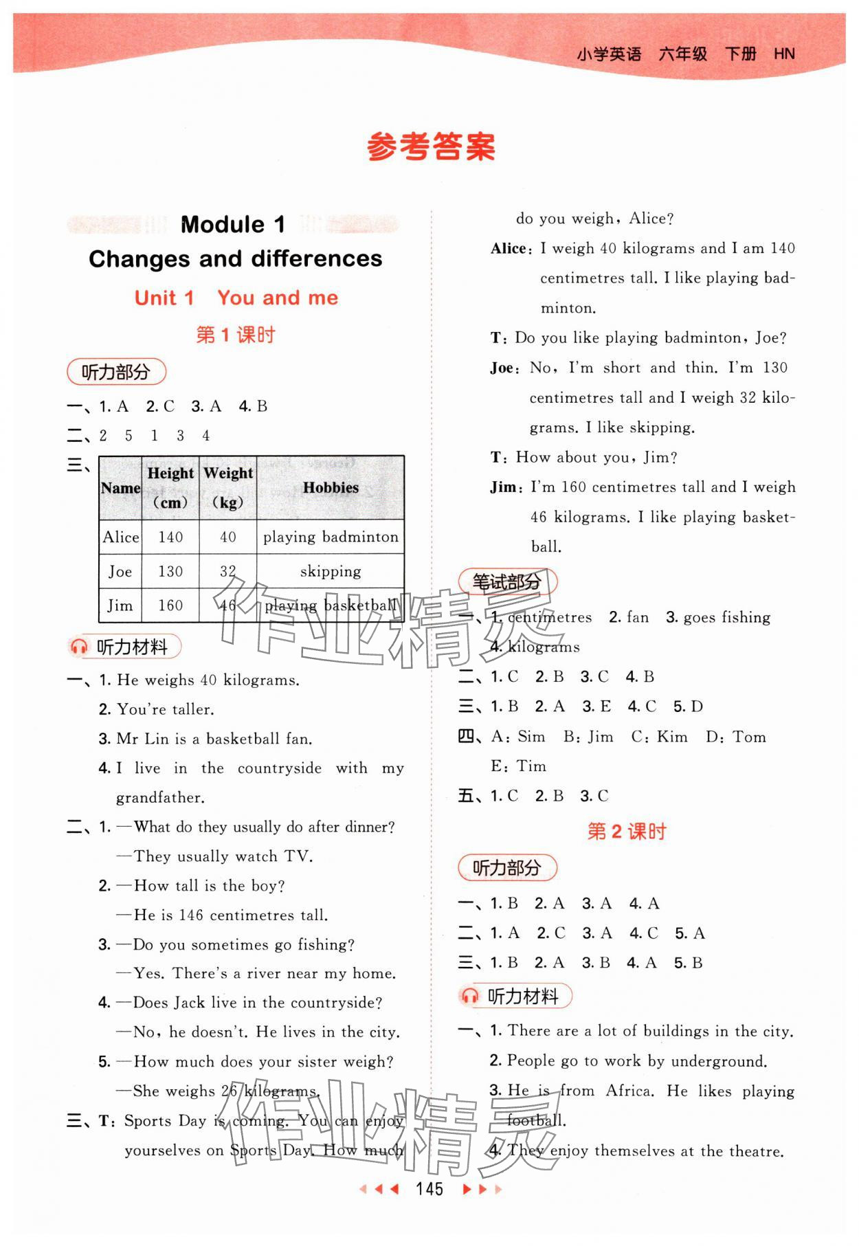 2025年53天天練六年級(jí)英語下冊(cè)滬教版 參考答案第1頁