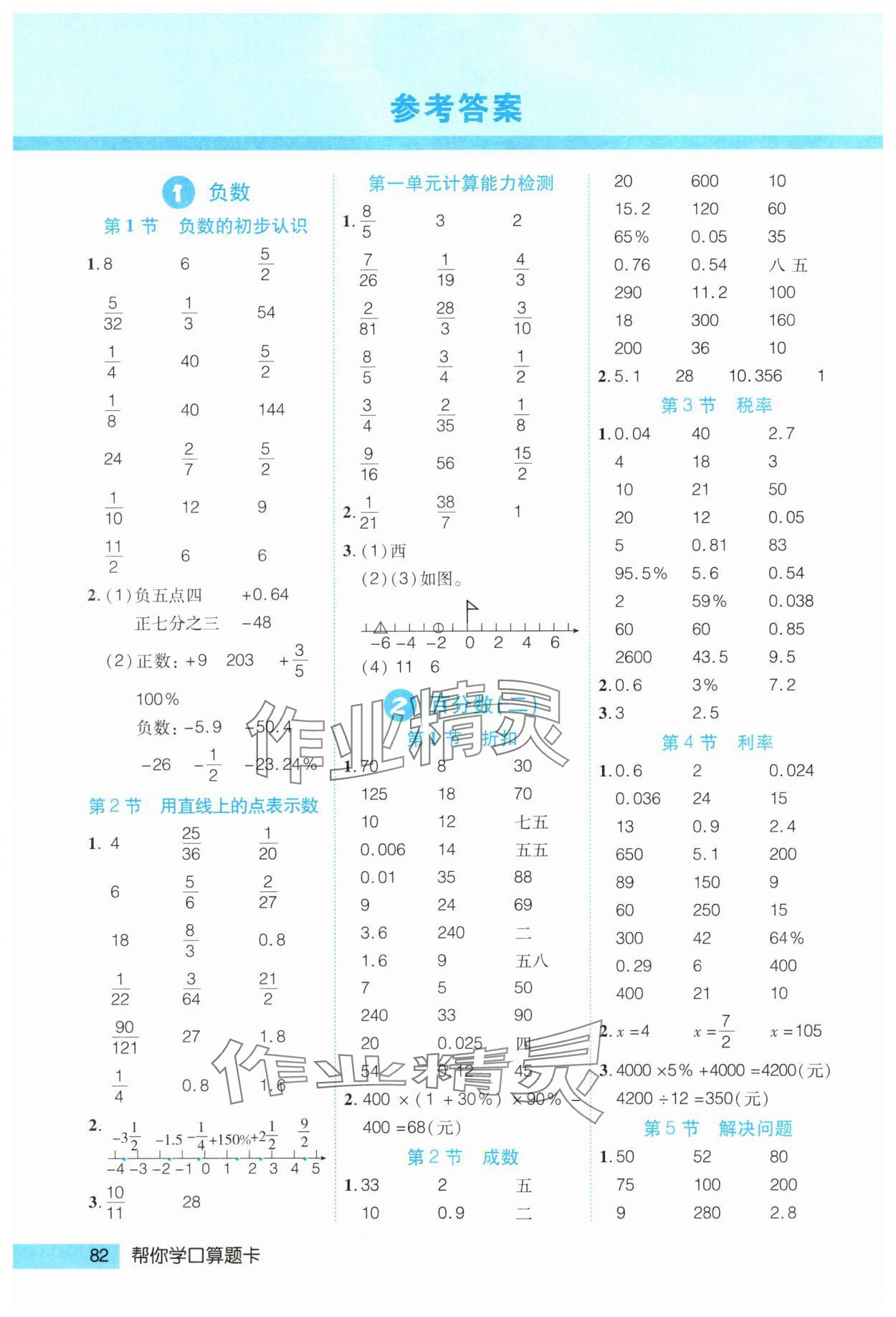 2025年帮你学口算题卡六年级数学下册人教版 参考答案第1页