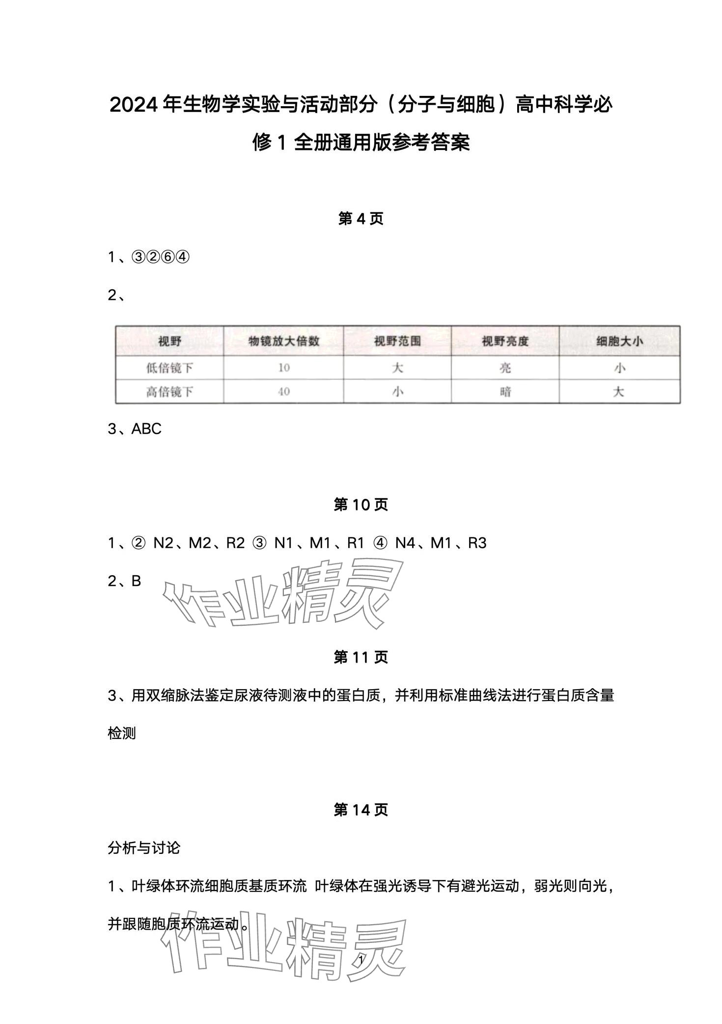 2024年實驗與活動部分高中生物必修1滬科版 第1頁