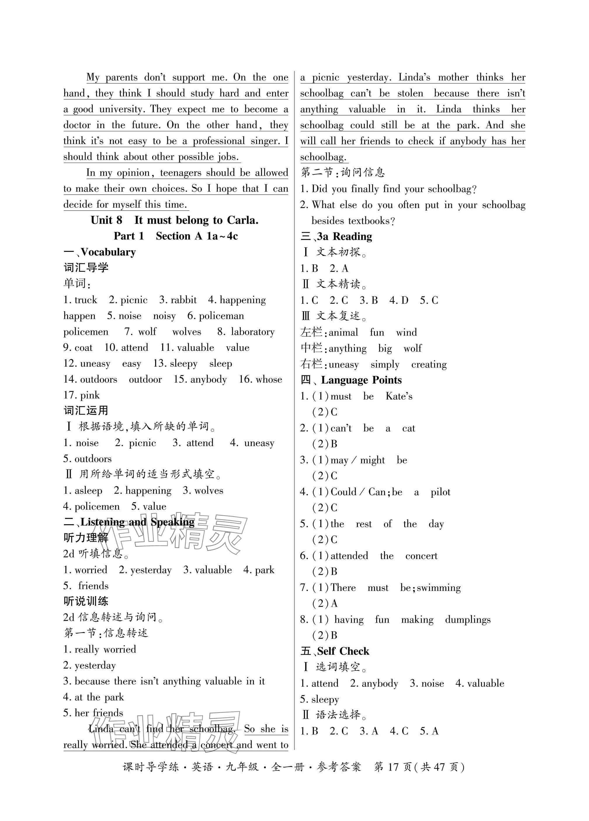 2024年課時導學練九年級英語全一冊人教版廣東專版 參考答案第17頁