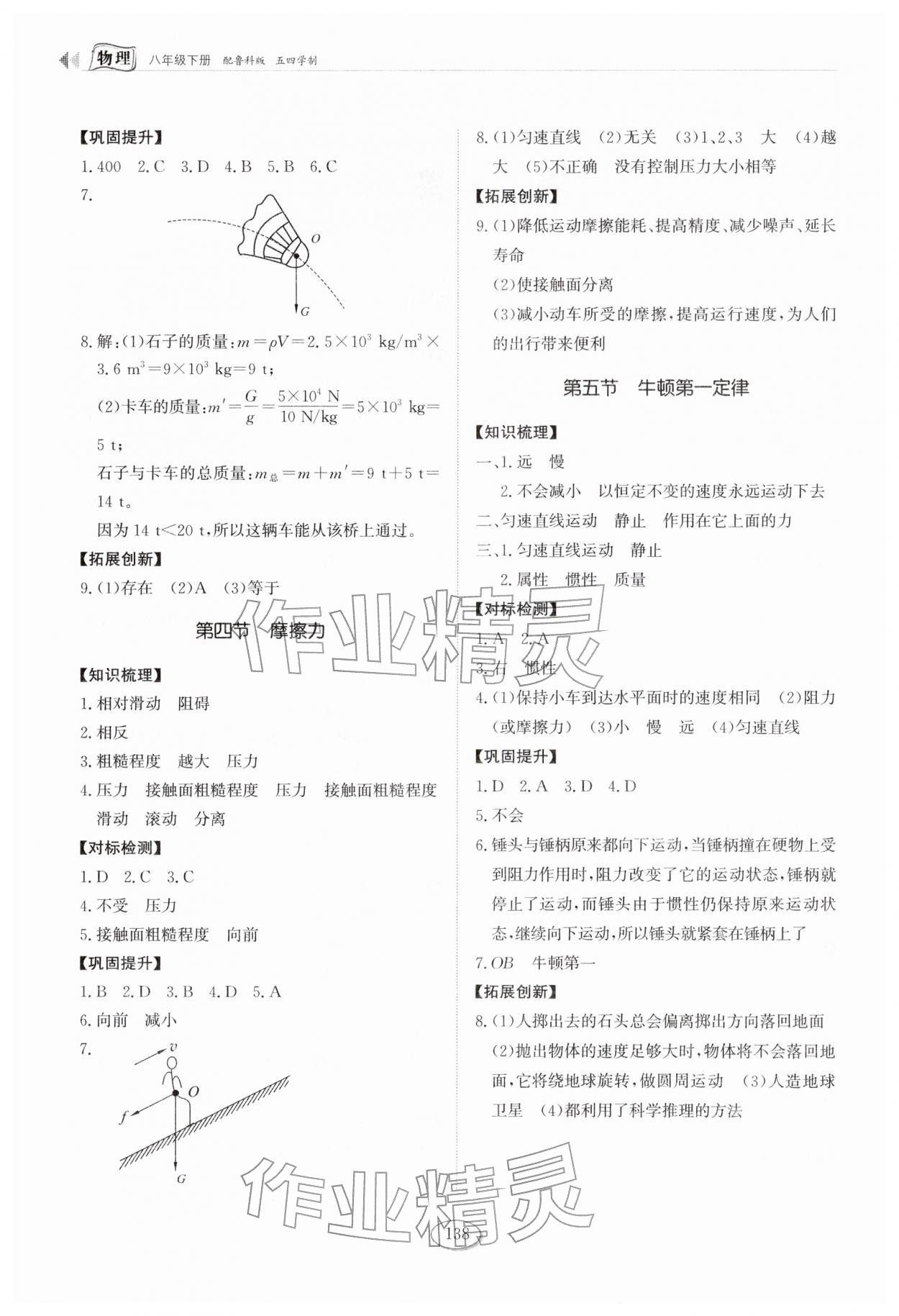 2026年同步练习册山东科学技术出版社八年级物理下册鲁科版五四制&nbsp;参考答案第2页