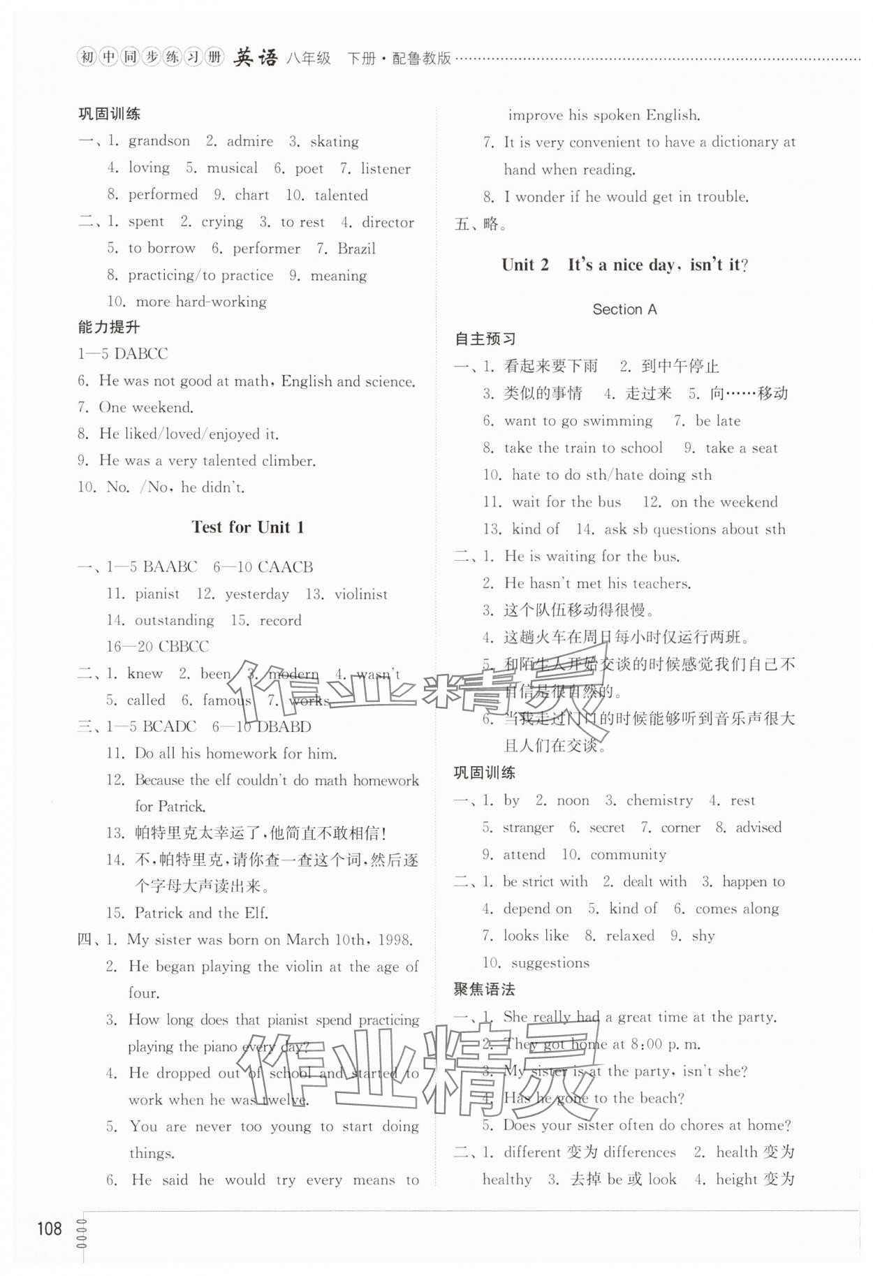 2025年同步練習冊山東教育出版社八年級英語下冊魯教版54制 參考答案第2頁