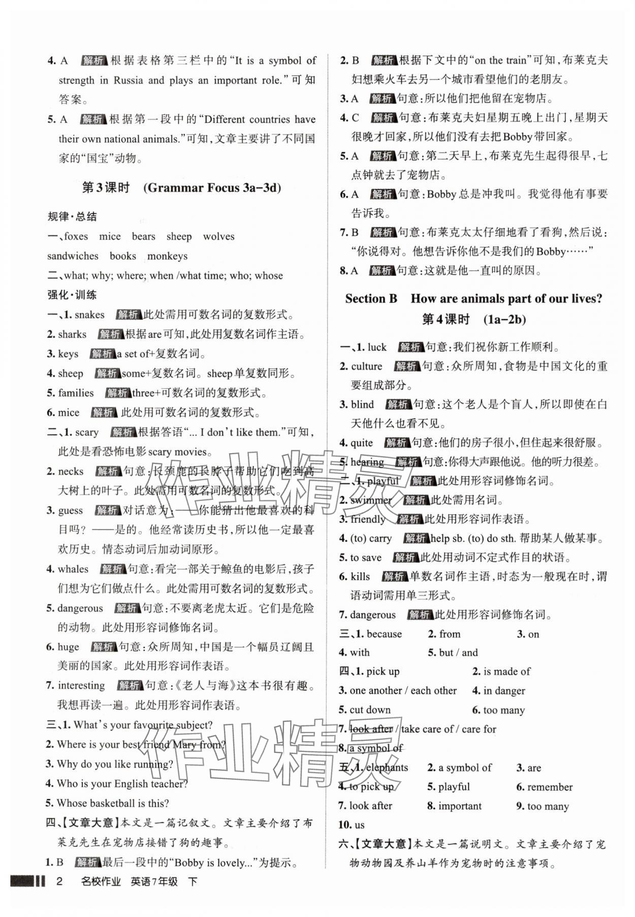 2025年名校作業七年級英語下冊人教版山西專版 參考答案第2頁