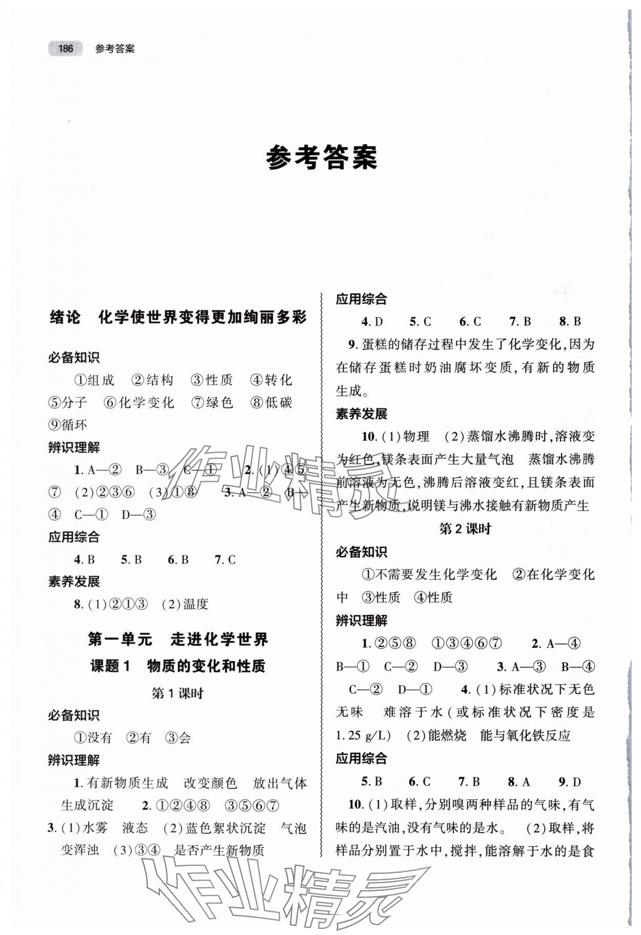 2025年同步练习册大象出版社九年级化学上册人教版 参考答案第1页
