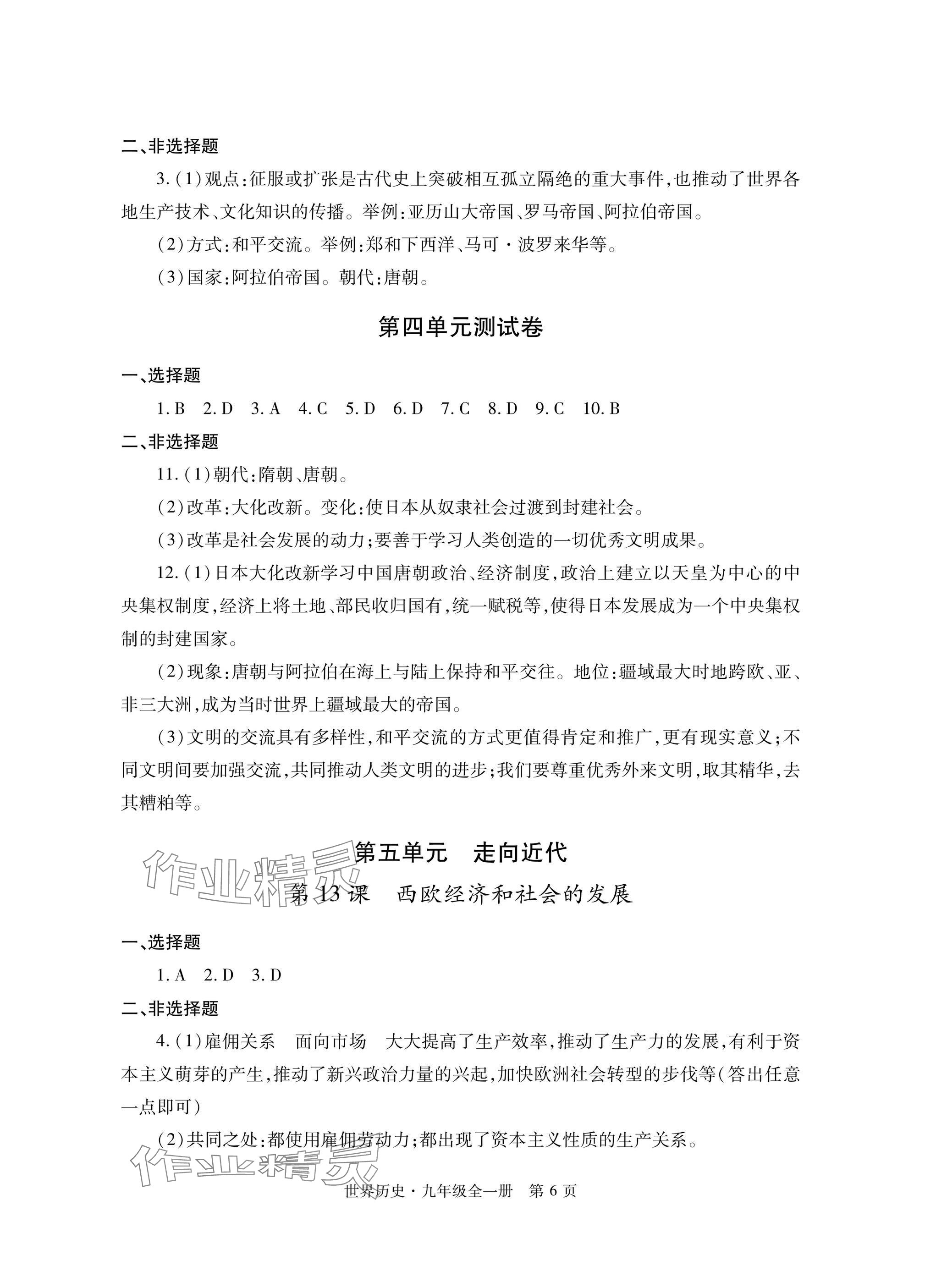 2025年自主学习指导课程与测试九年级历史全一册人教版&nbsp;参考答案第6页